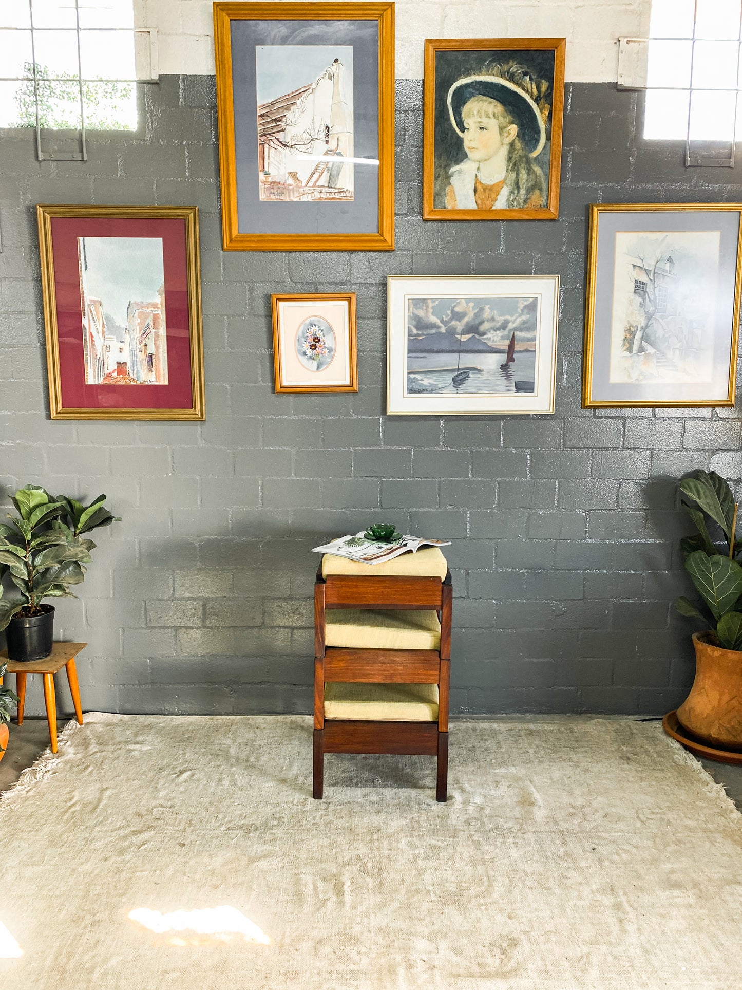 Mid Century Stackable Stools with Lime Cushions