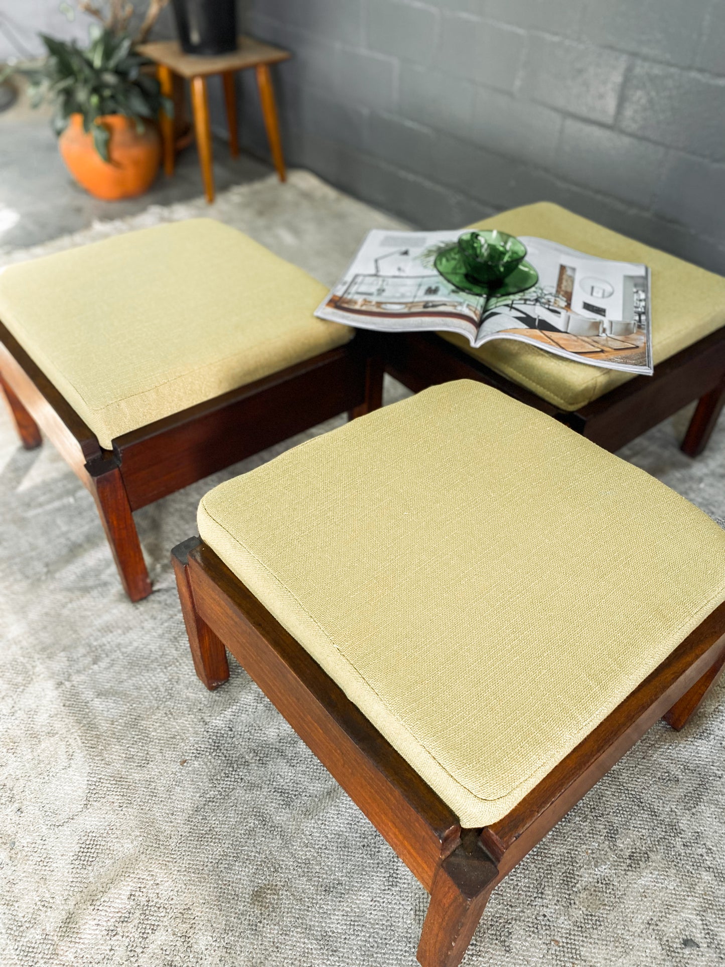 Mid Century Stackable Stools with Lime Cushions