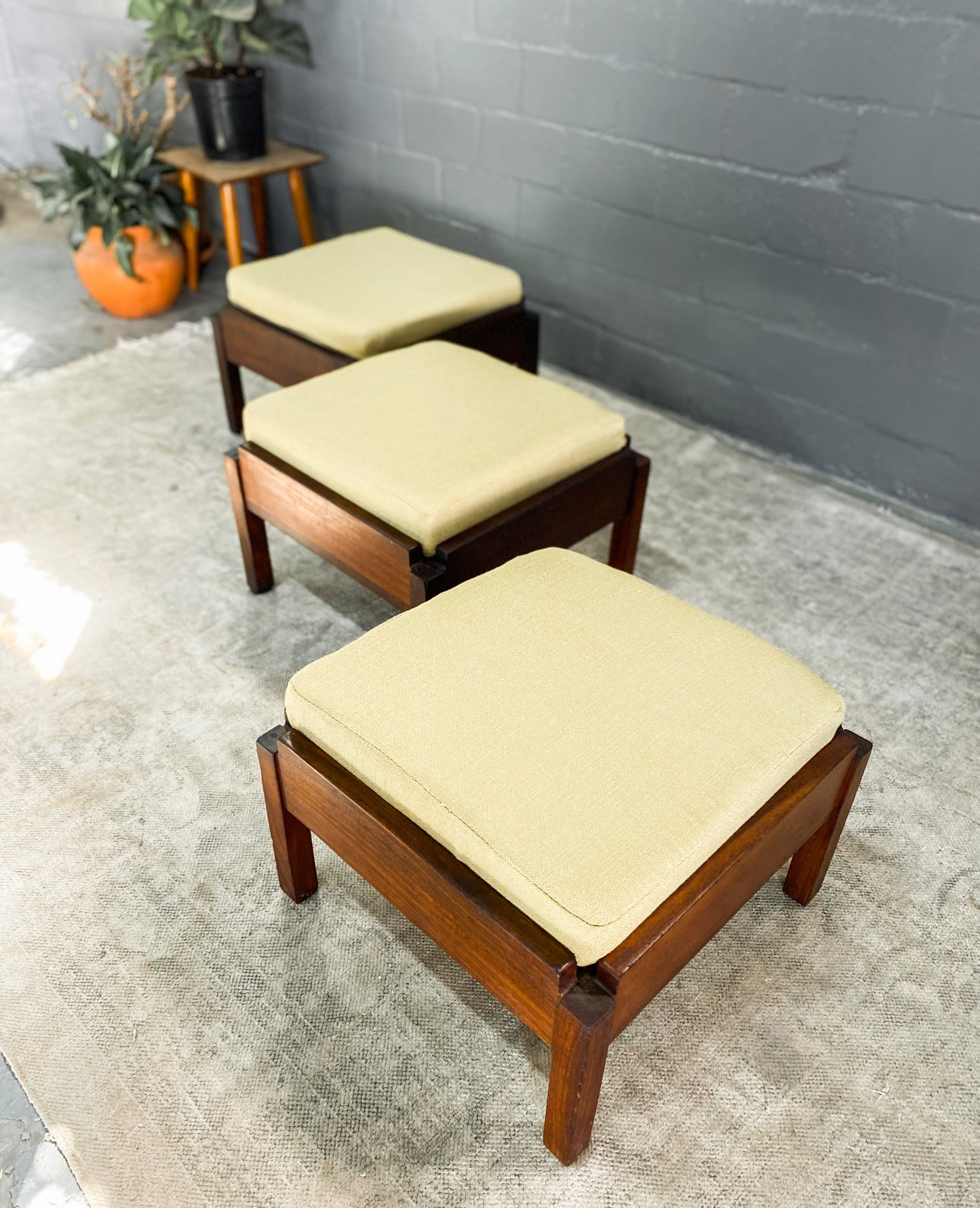 Mid Century Stackable Stools with Lime Cushions