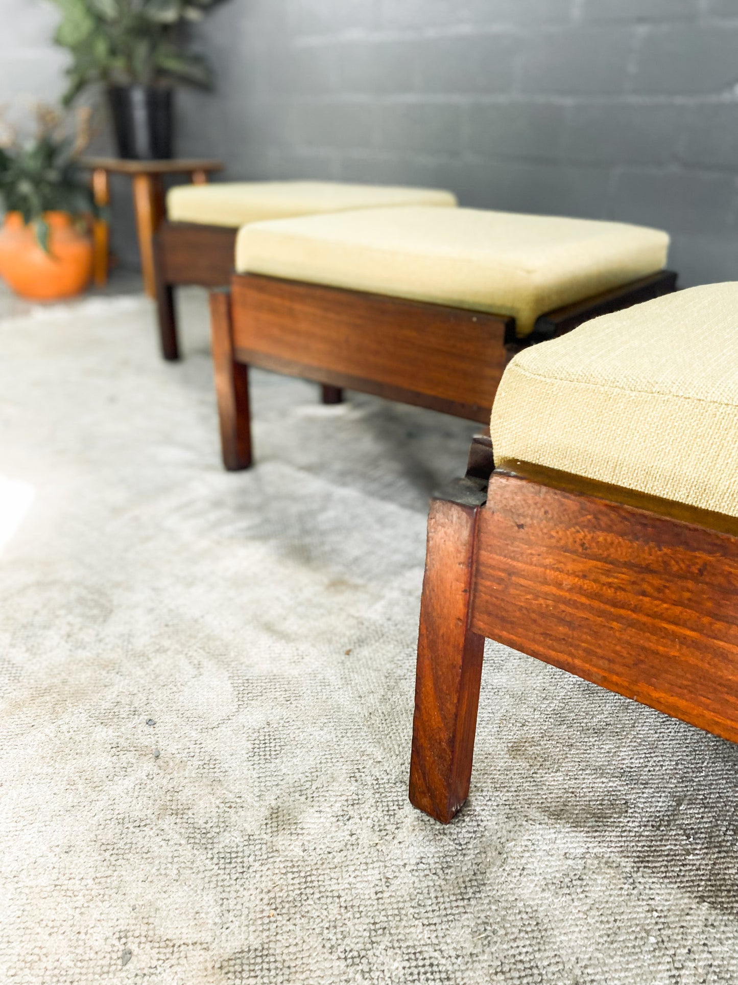 Mid Century Stackable Stools with Lime Cushions