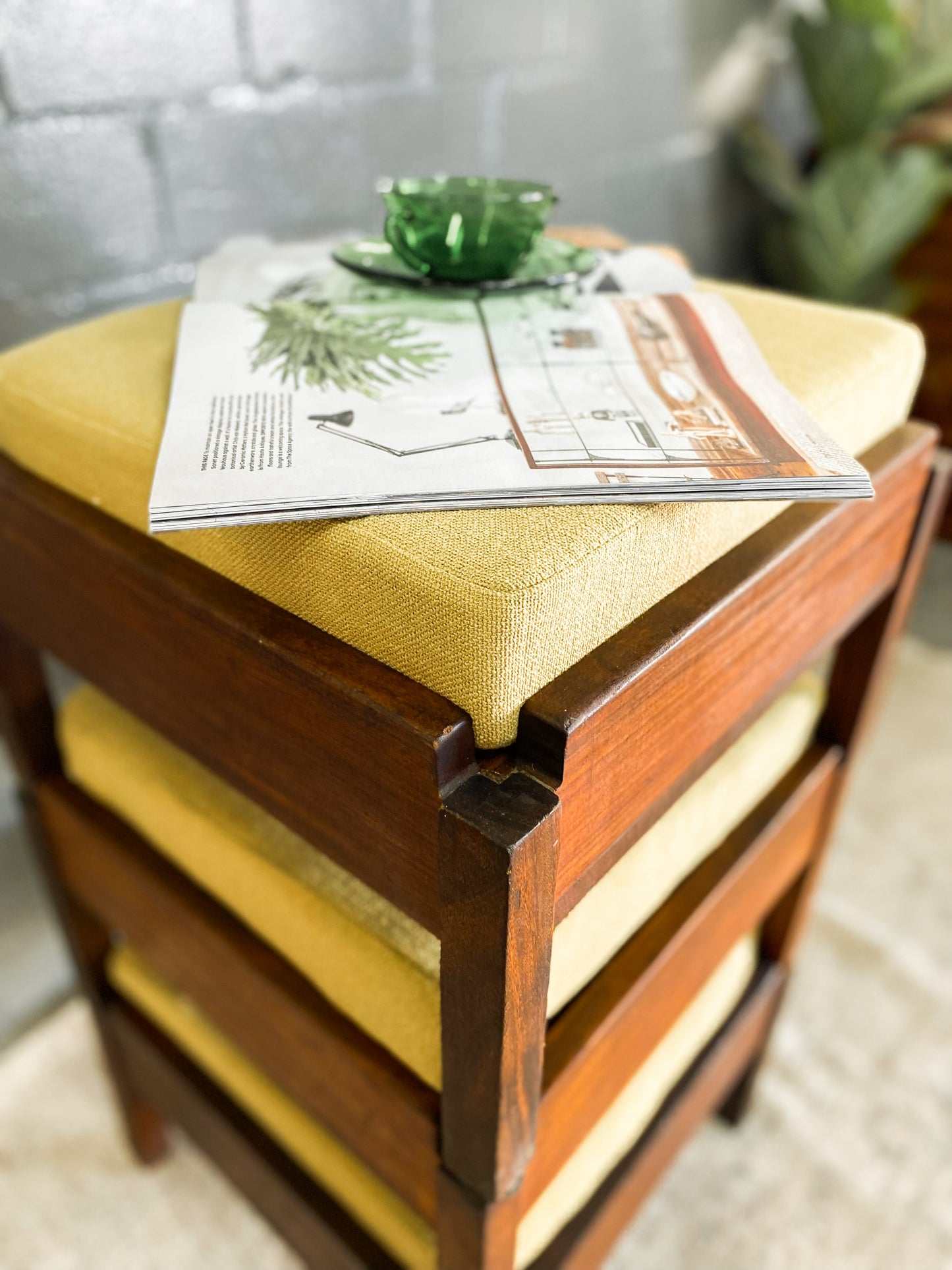 Mid Century Stackable Stools with Lime Cushions