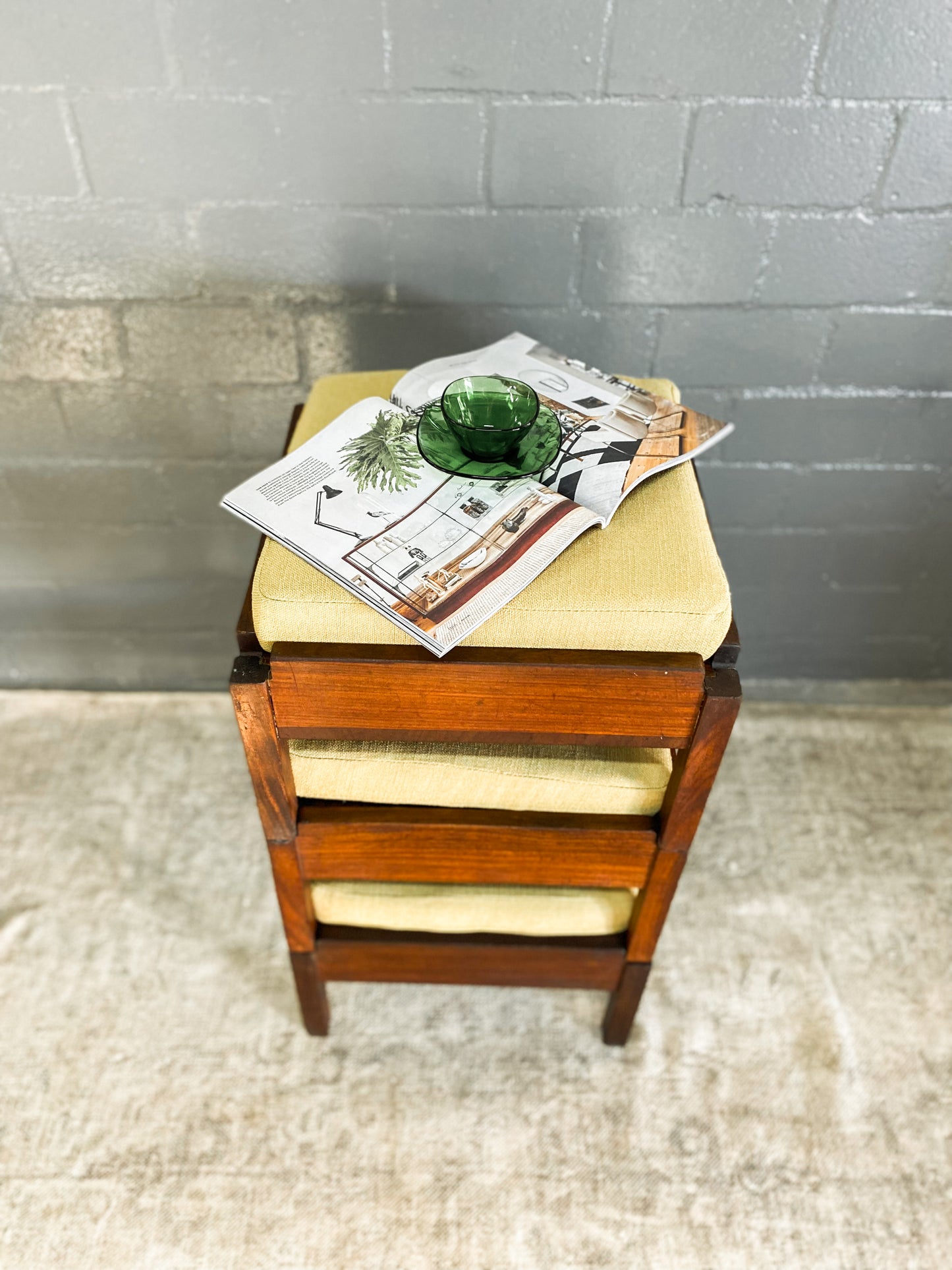 Mid Century Stackable Stools with Lime Cushions