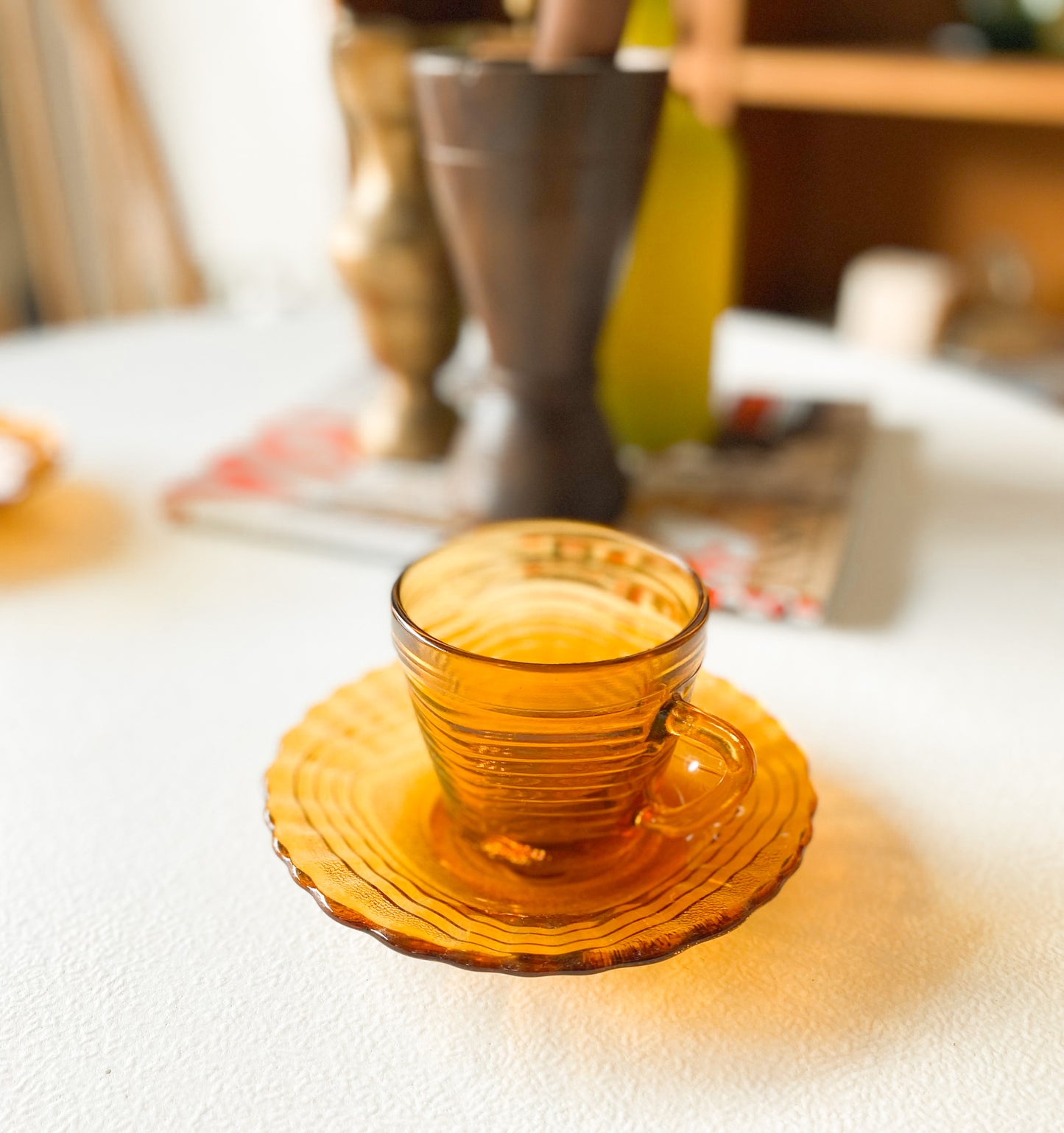 Amber Glass Demitasse Cups and Saucers
