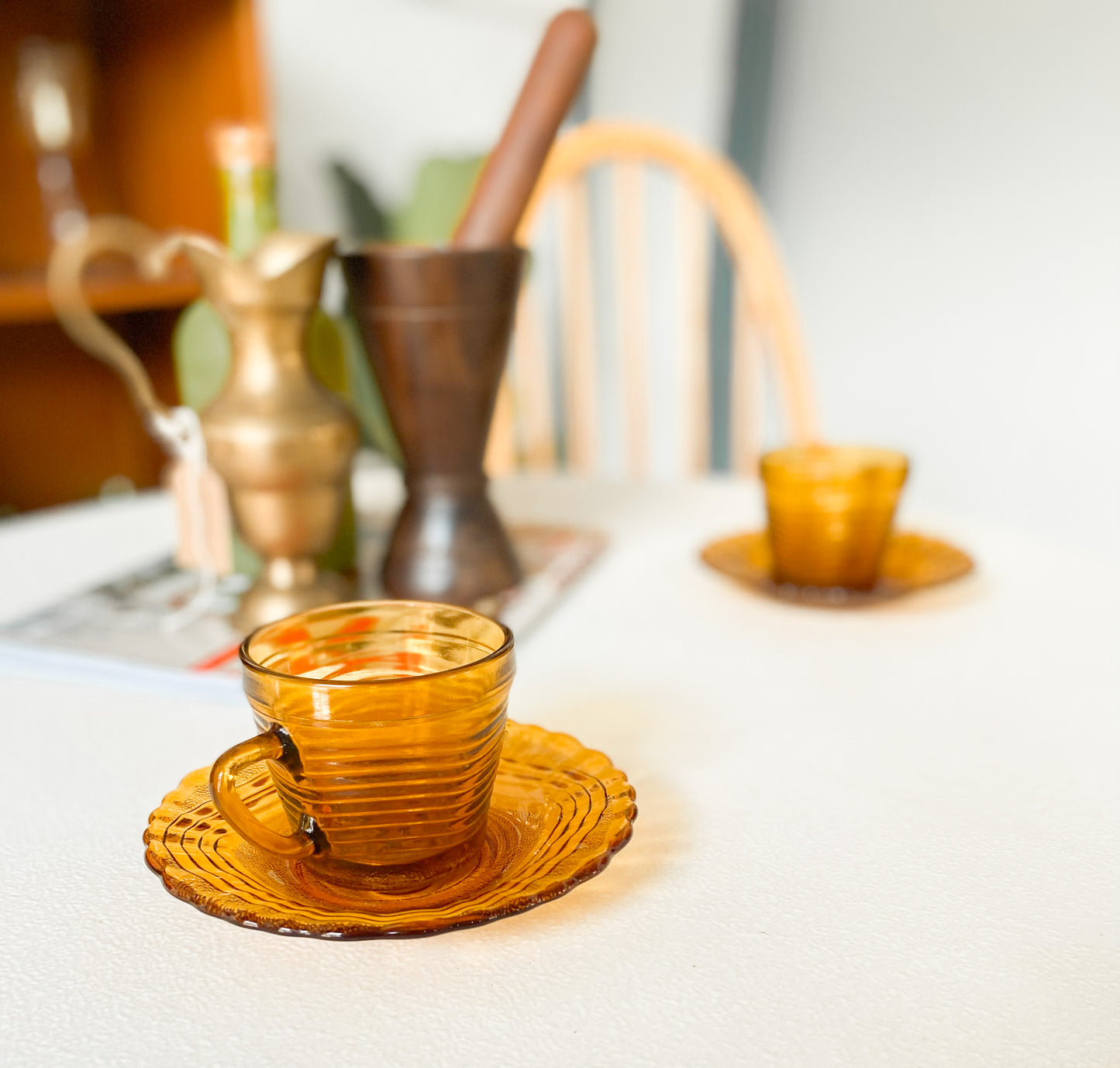 Amber Glass Demitasse Cups and Saucers