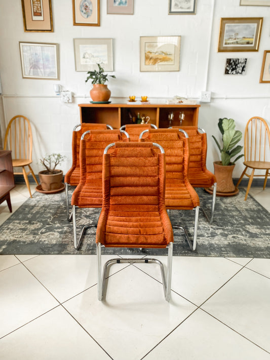 Six Bauhaus Tubular Dining Chairs in Burnt Umber Upholstery