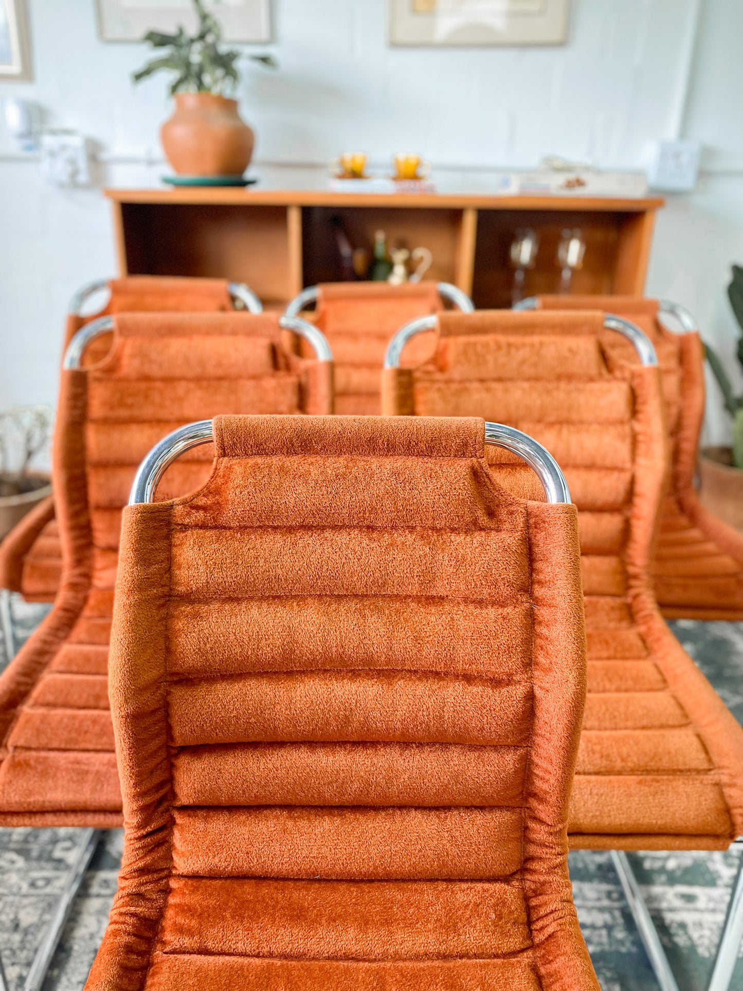 Six Bauhaus Tubular Dining Chairs in Burnt Umber Upholstery