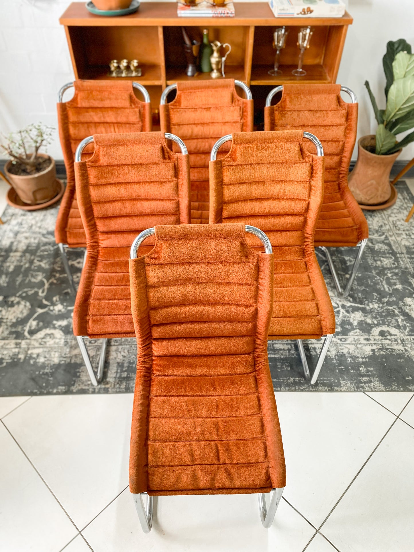 Six Bauhaus Tubular Dining Chairs in Burnt Umber Upholstery