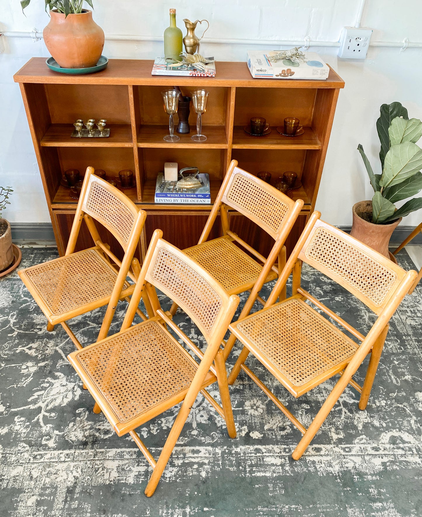 Set of 4 Retro Cane and Beechwood Folding Chairs
