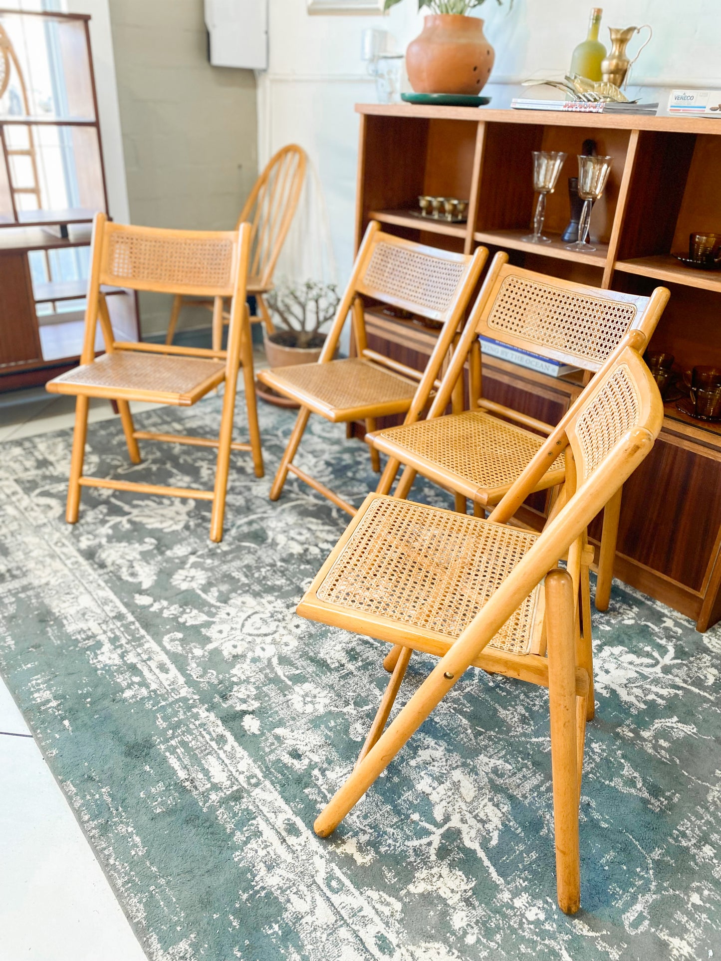 Set of 4 Retro Cane and Beechwood Folding Chairs
