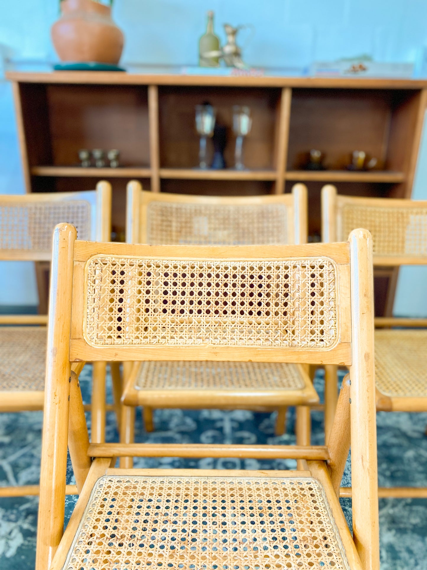 Set of 4 Retro Cane and Beechwood Folding Chairs