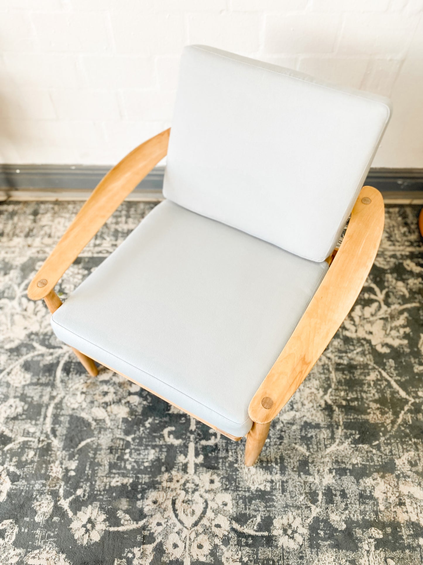 Pair of Swedish Armchairs Featuring Cool Blue Upholstered Cushions.