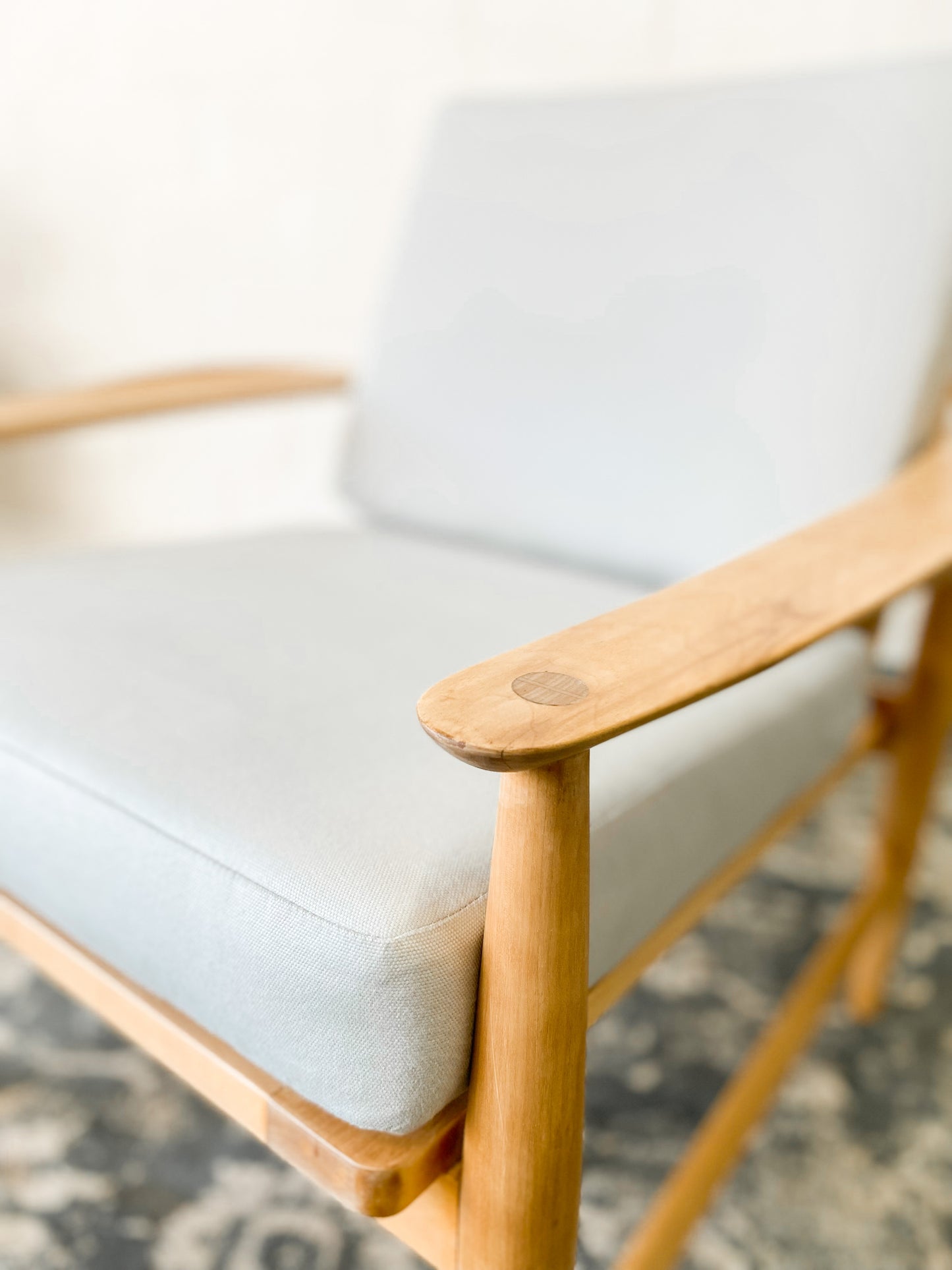 Pair of Swedish Armchairs Featuring Cool Blue Upholstered Cushions.