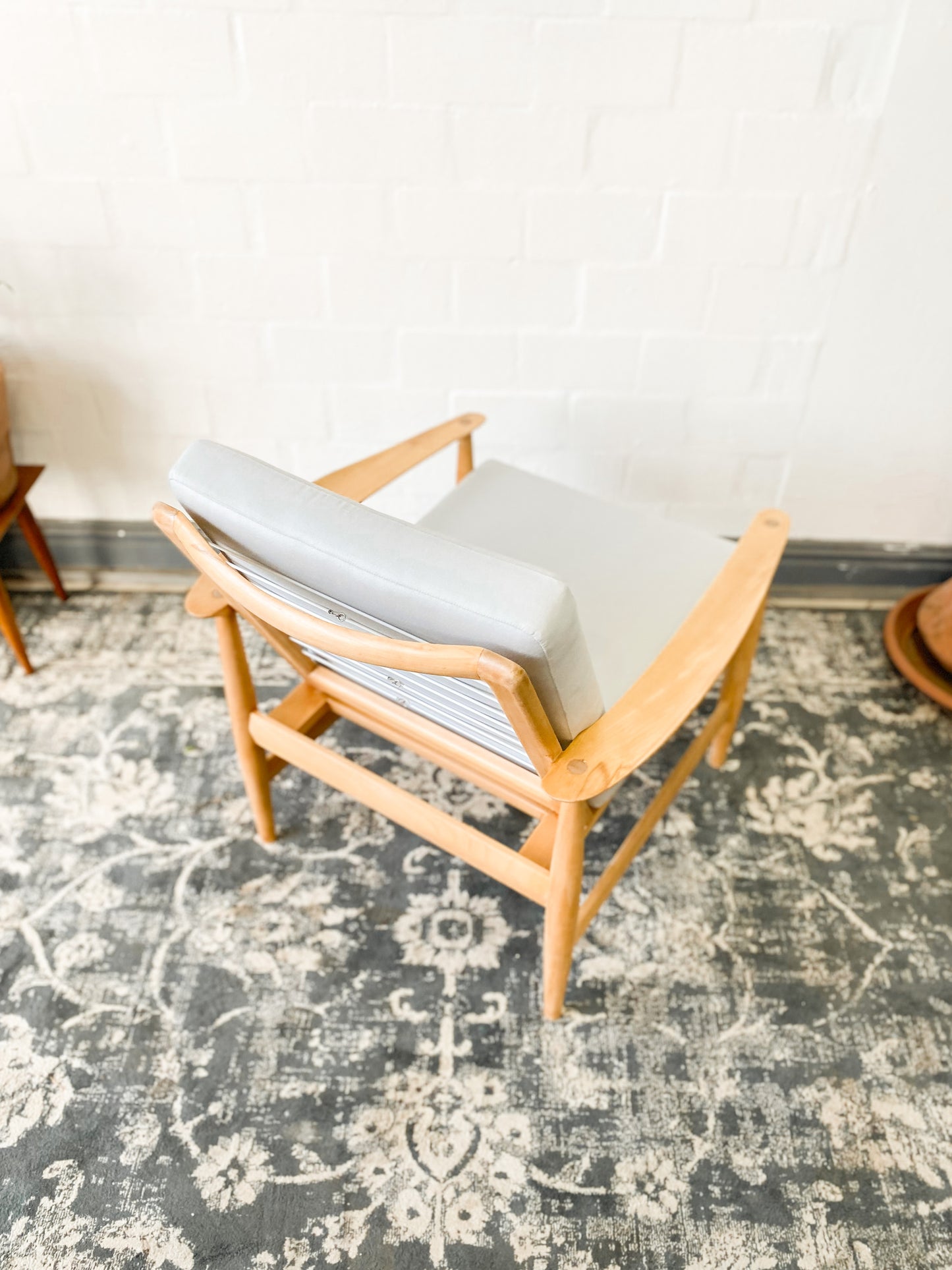 Pair of Swedish Armchairs Featuring Cool Blue Upholstered Cushions.
