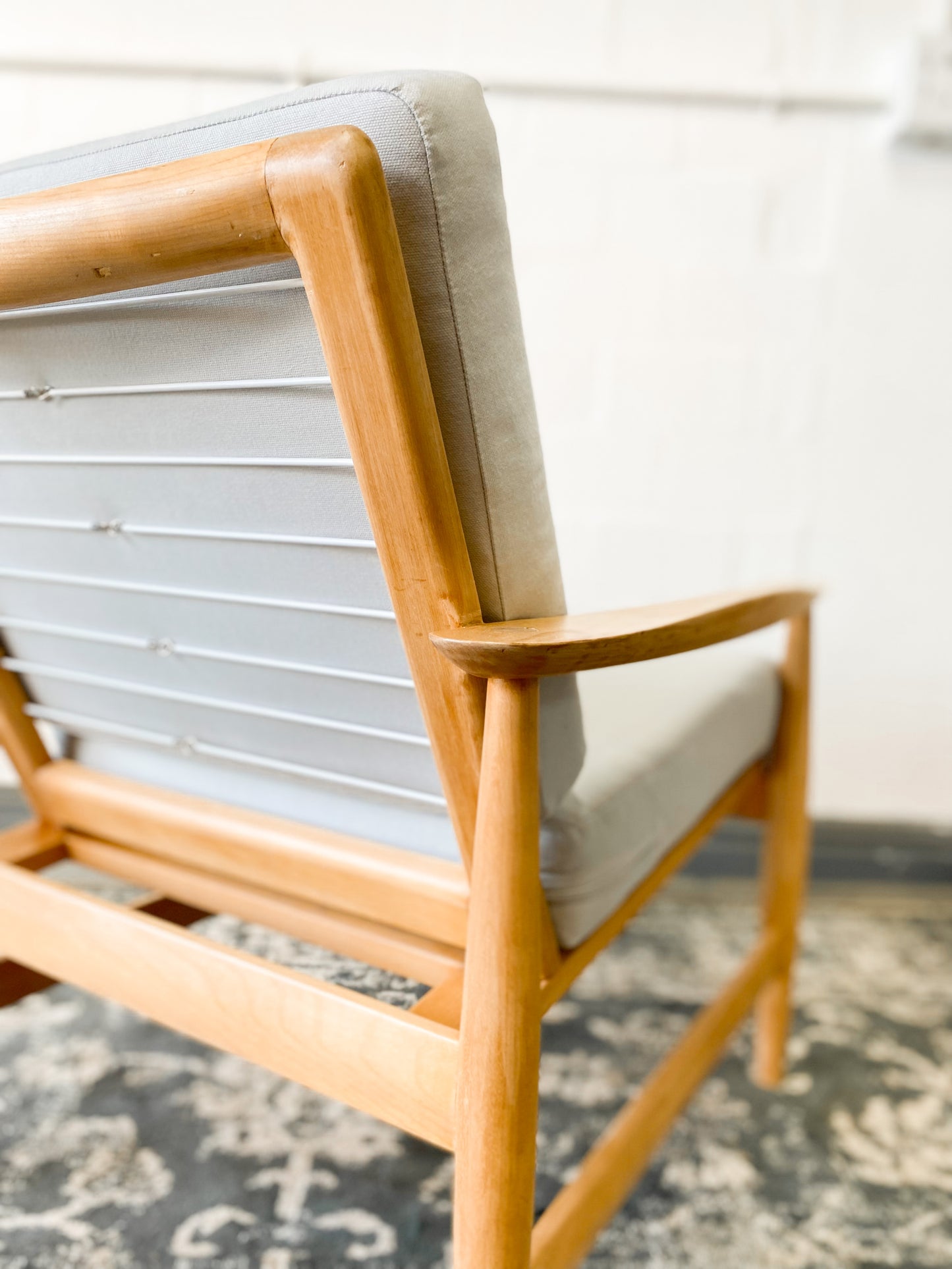 Pair of Swedish Armchairs Featuring Cool Blue Upholstered Cushions.