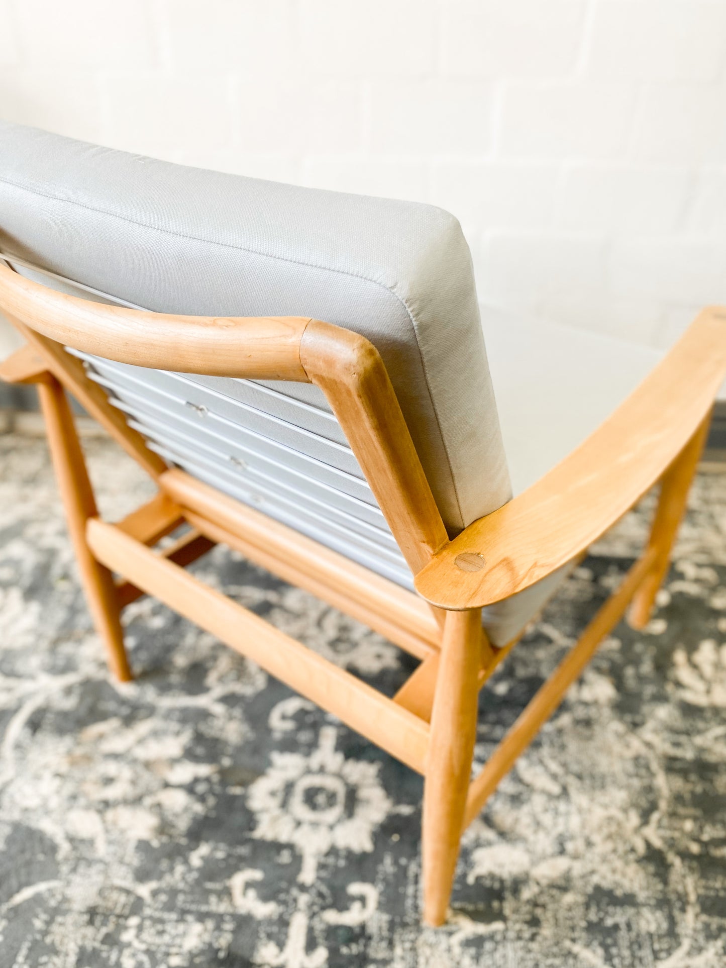 Pair of Swedish Armchairs Featuring Cool Blue Upholstered Cushions.