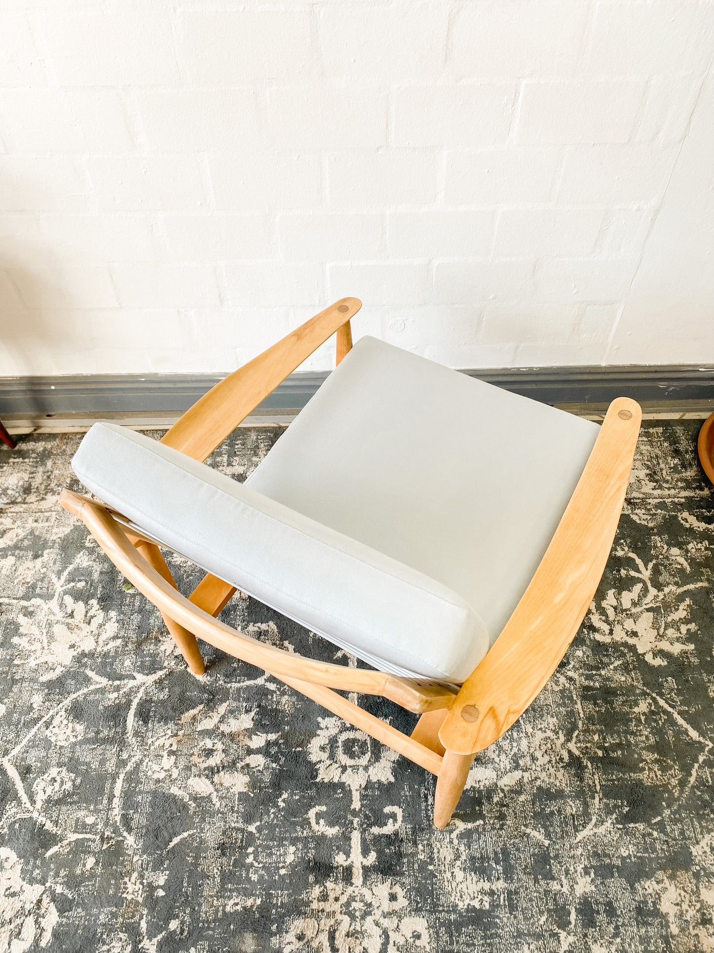 Pair of Swedish Armchairs Featuring Cool Blue Upholstered Cushions.