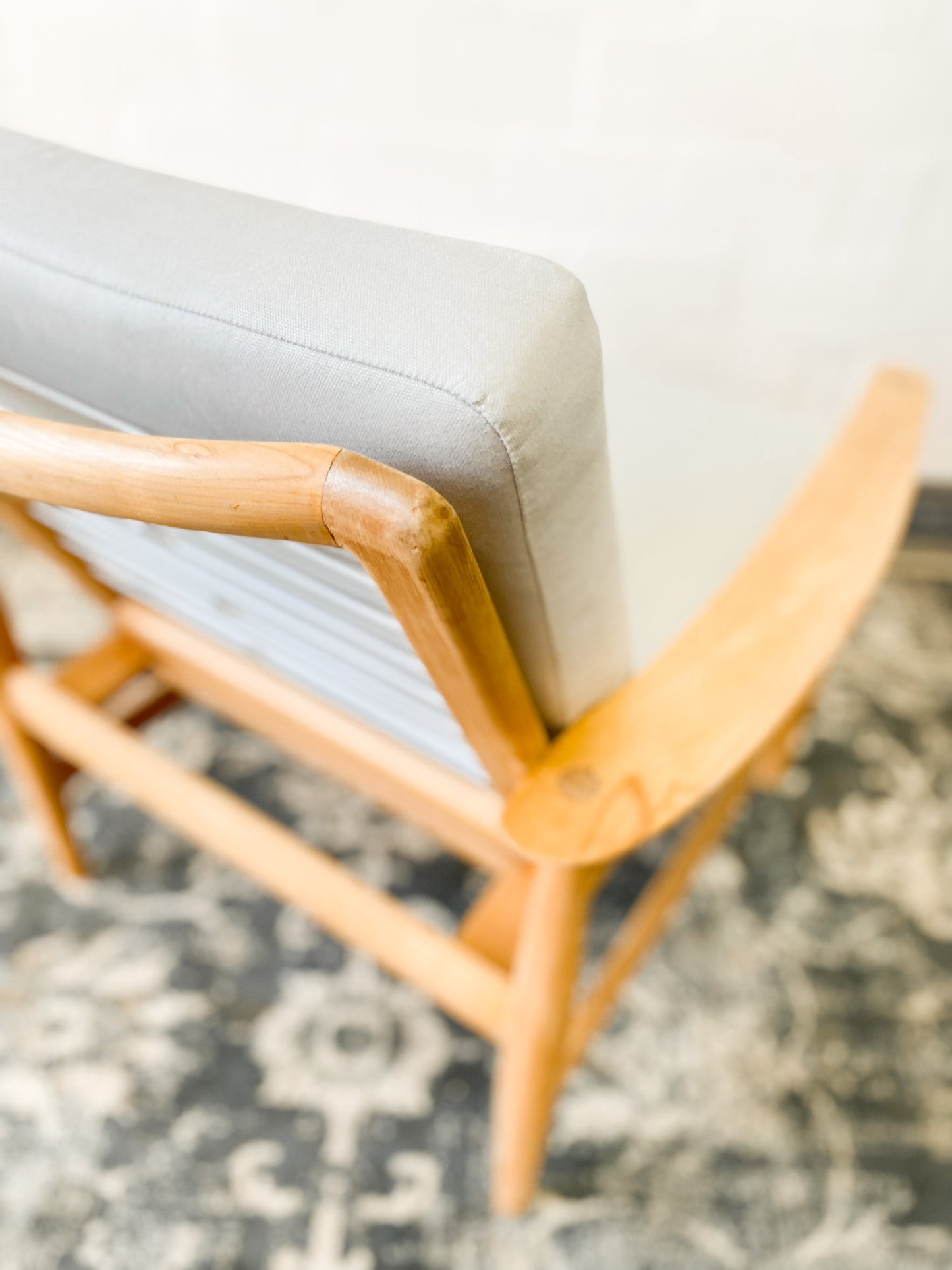 Pair of Swedish Armchairs Featuring Cool Blue Upholstered Cushions.