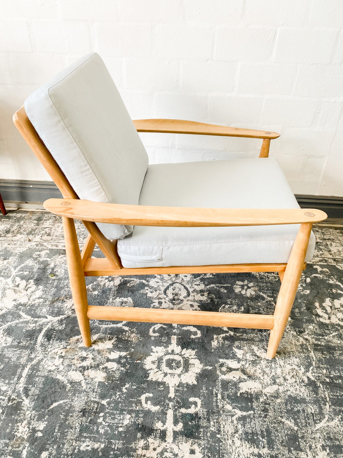 Pair of Swedish Armchairs Featuring Cool Blue Upholstered Cushions.