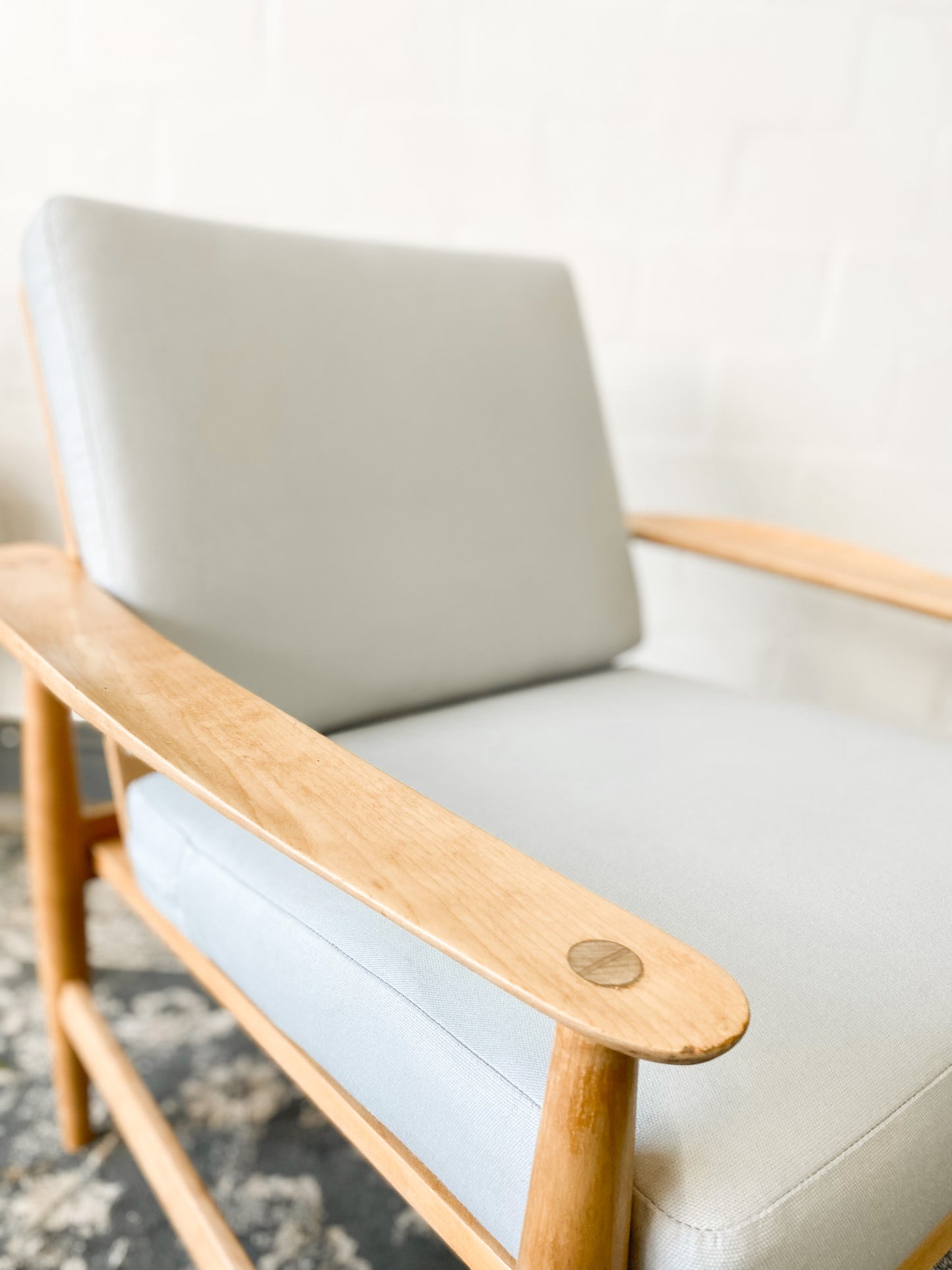 Pair of Swedish Armchairs Featuring Cool Blue Upholstered Cushions.