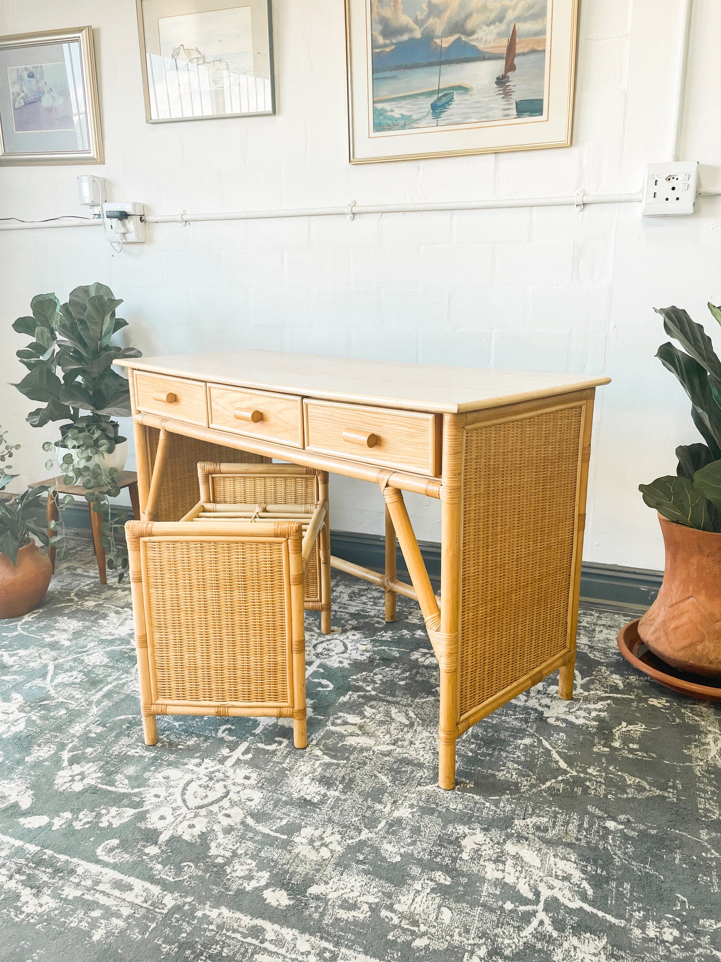 Woven Wicker Dresser & Cane Stool