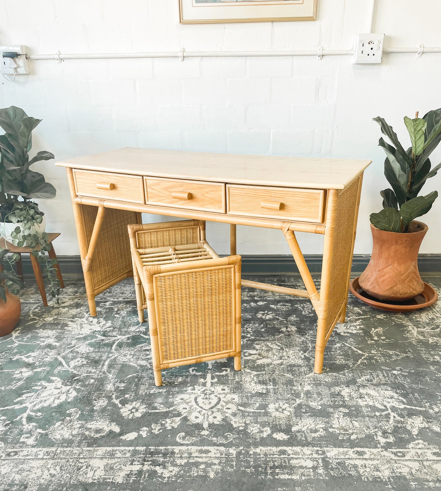 Woven Wicker Dresser & Cane Stool
