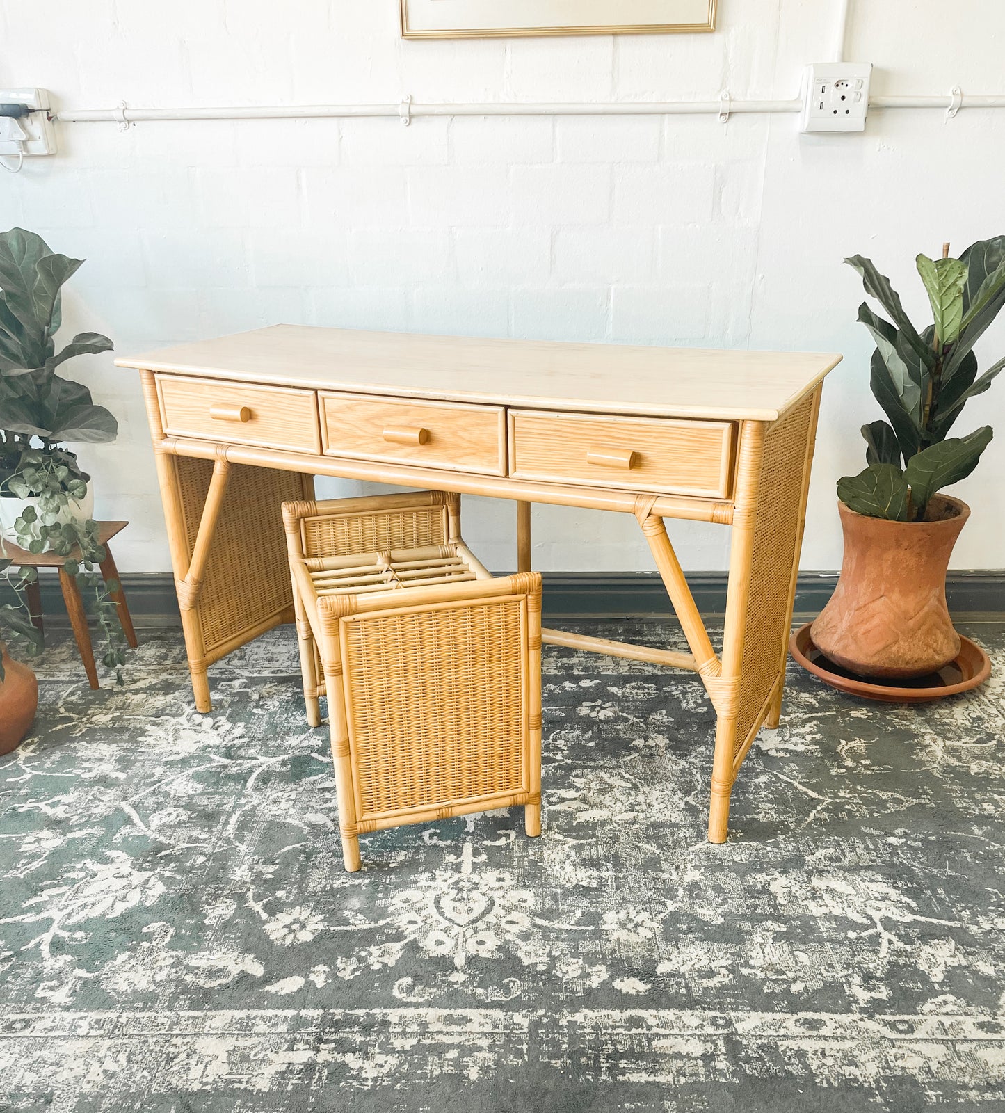 Woven Wicker Dresser & Cane Stool