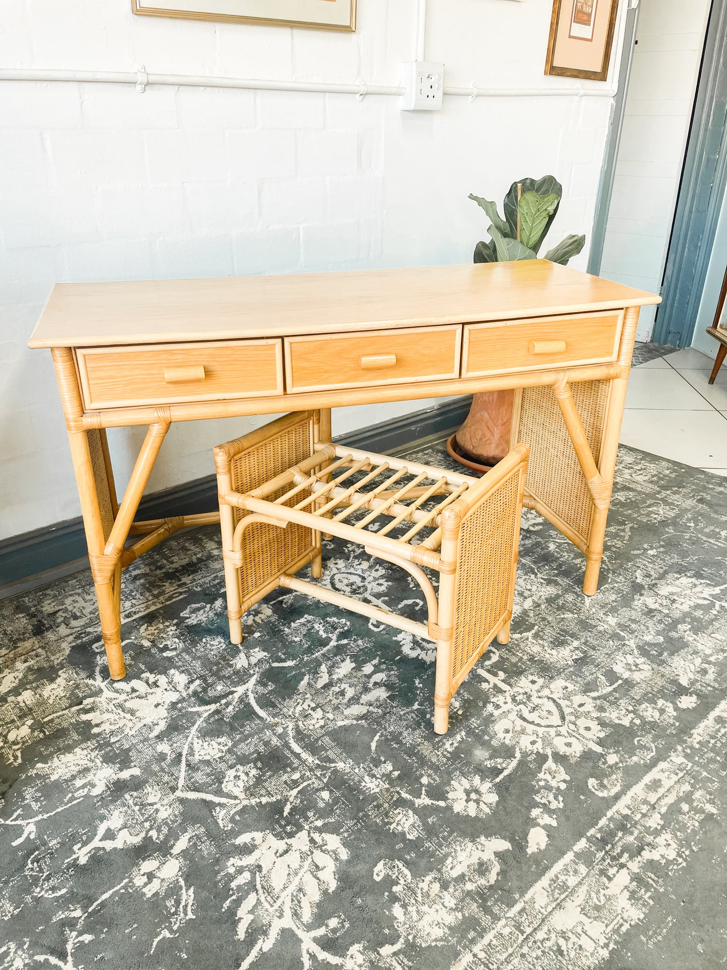 Woven Wicker Dresser & Cane Stool