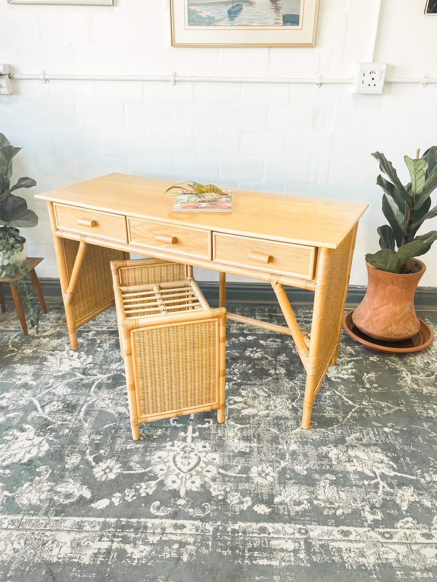 Woven Wicker Dresser & Cane Stool