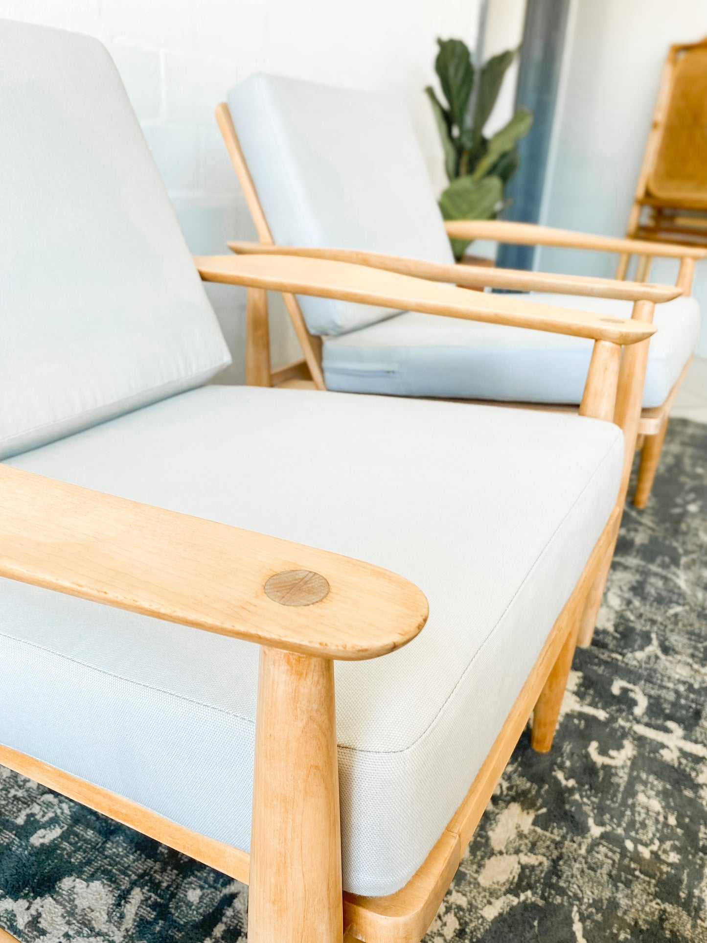 Pair of Swedish Armchairs Featuring Cool Blue Upholstered Cushions.