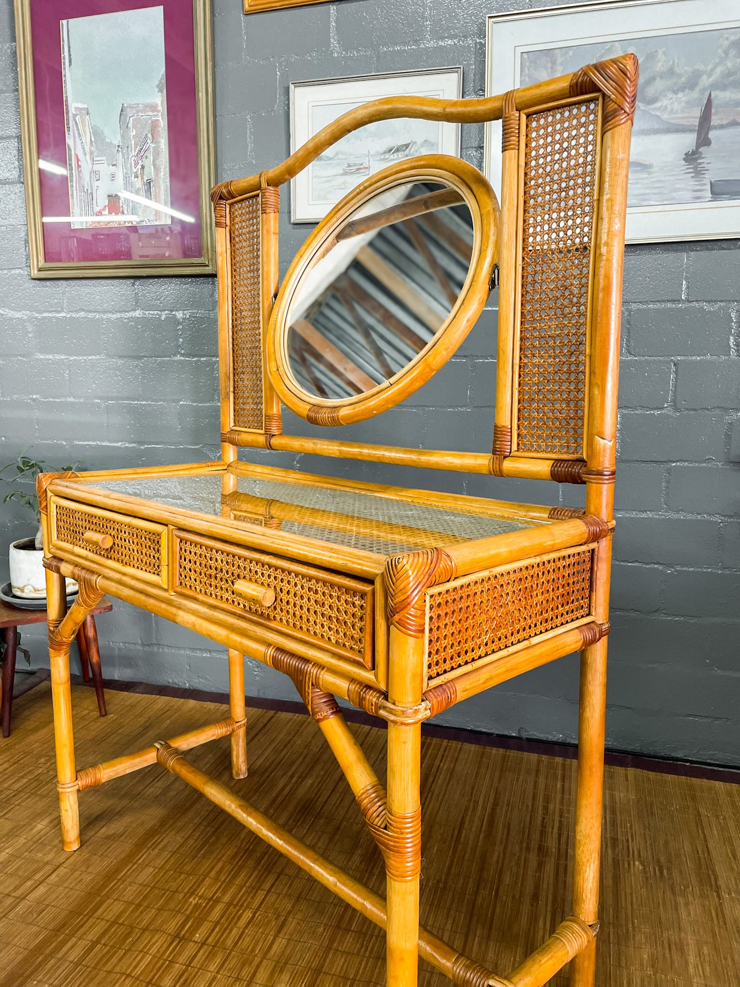 Cane Dresser with Circular Mirror