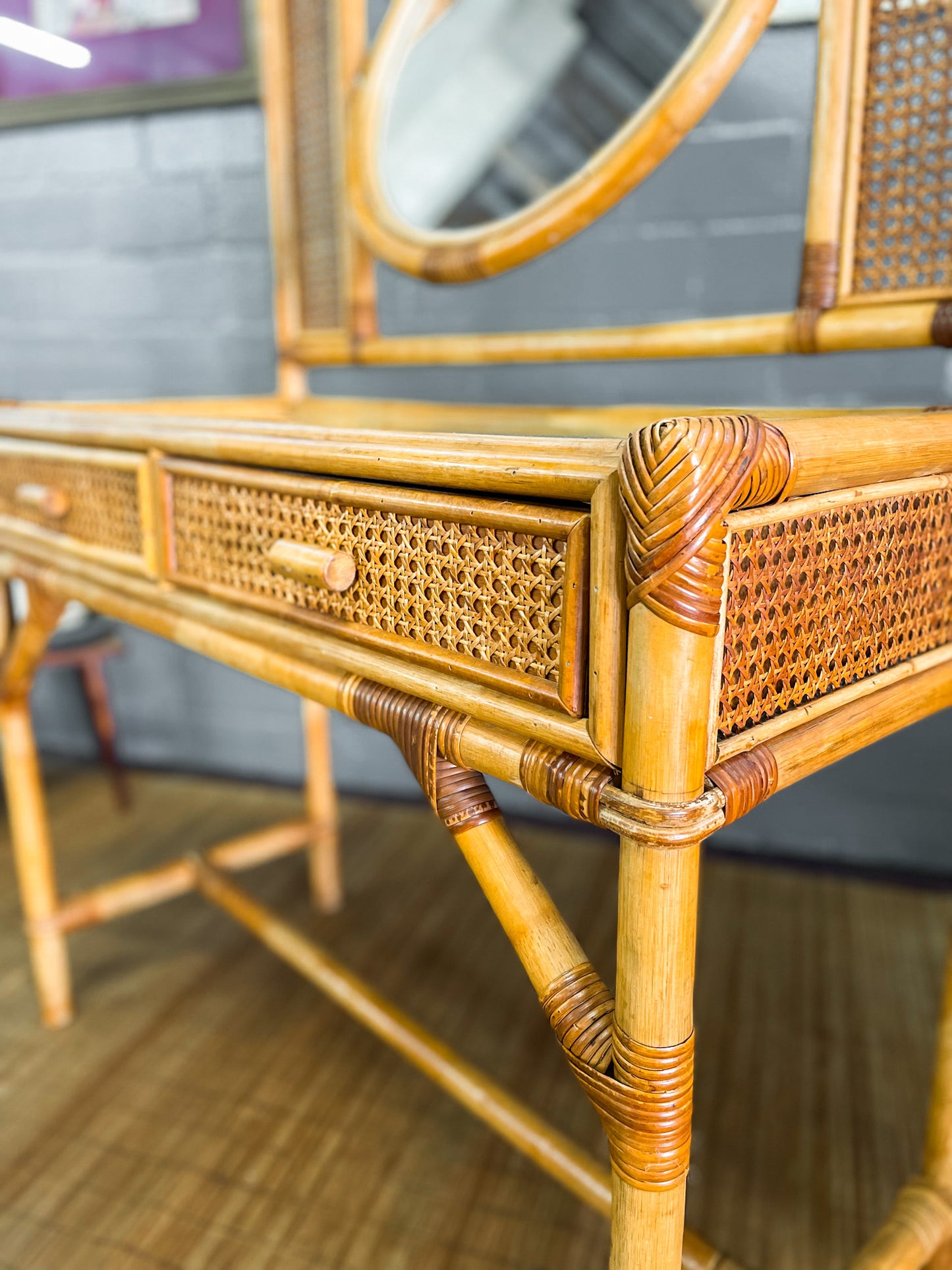 Cane Dresser with Circular Mirror