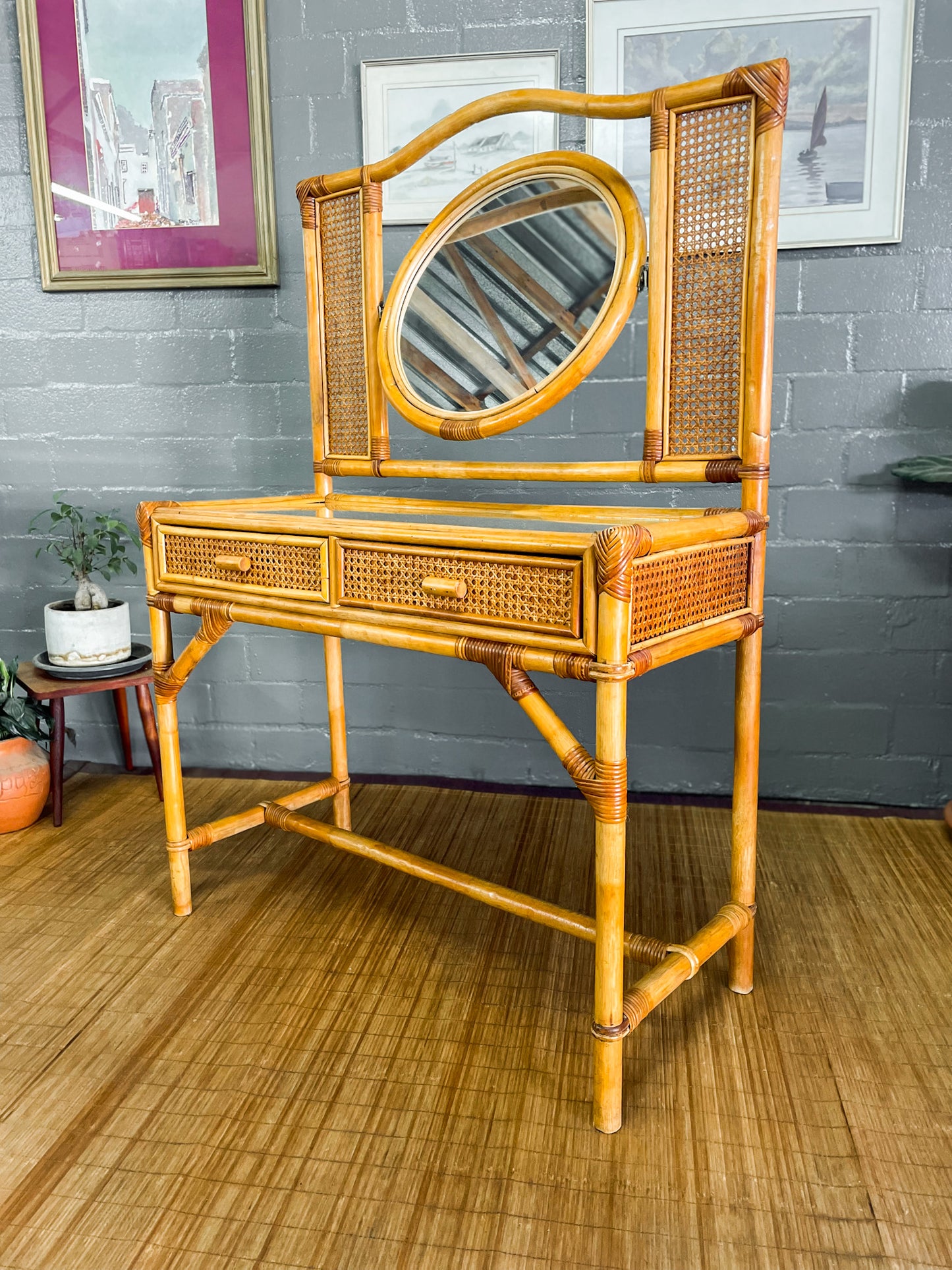 Cane Dresser with Circular Mirror