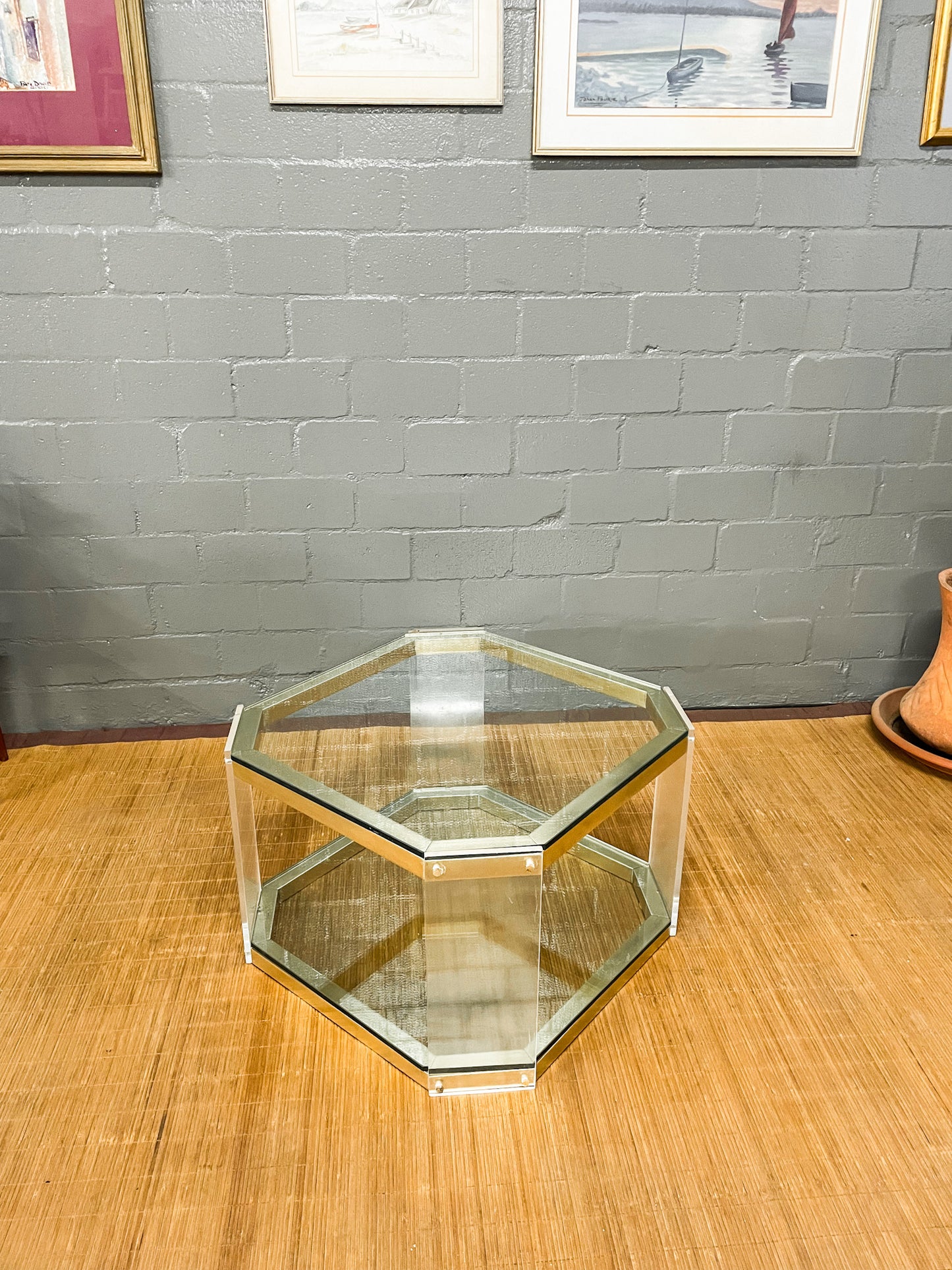 Vintage Octagon Brass and Perspex Glass Coffee Table