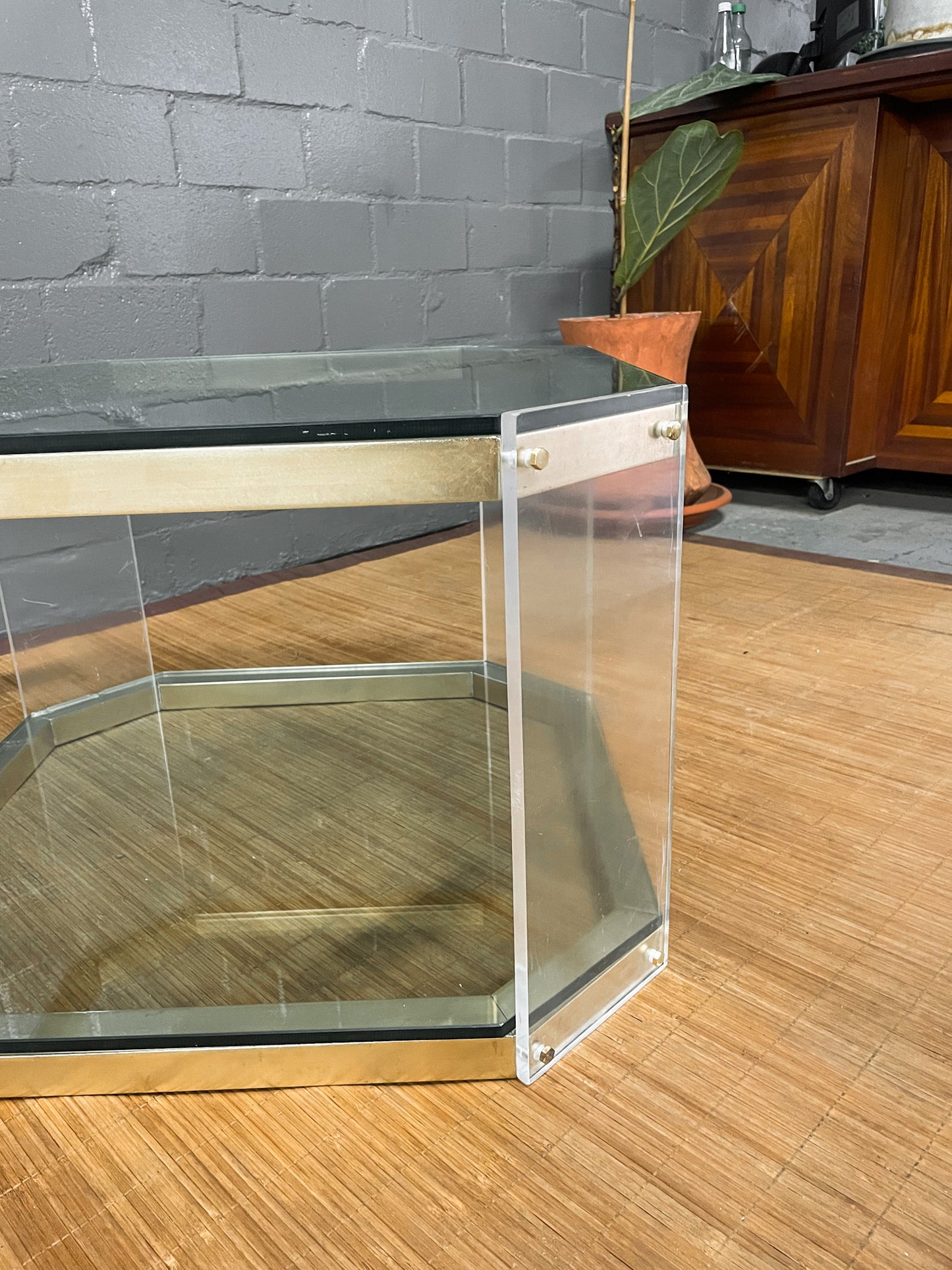 Vintage Octagon Brass and Perspex Glass Coffee Table