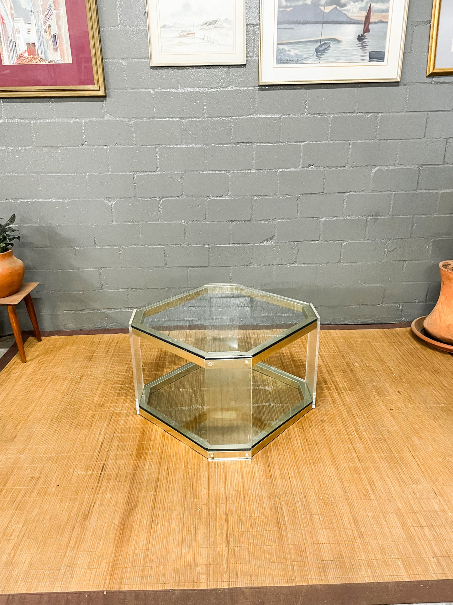 Vintage Octagon Brass and Perspex Glass Coffee Table