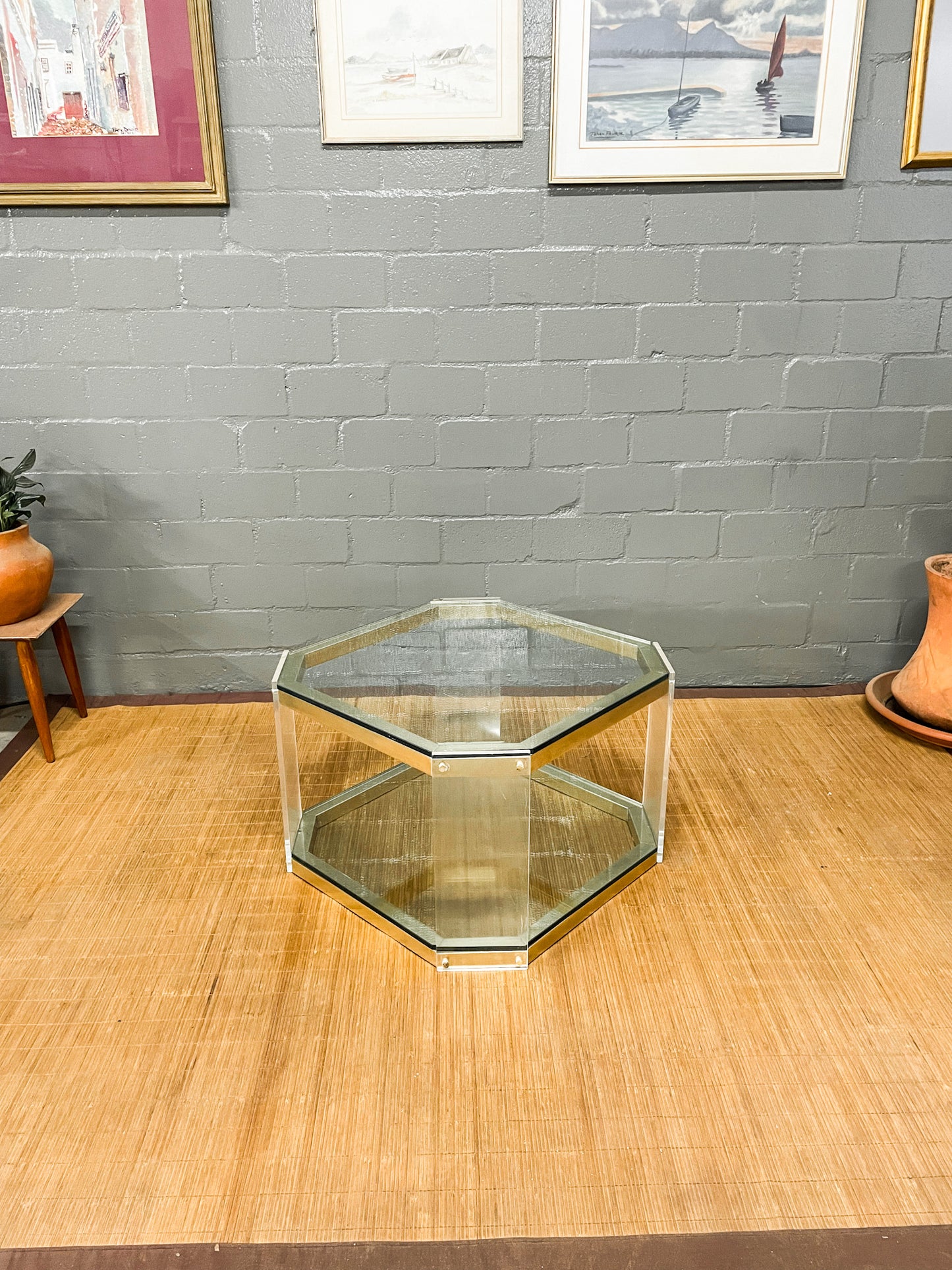 Vintage Octagon Brass and Perspex Glass Coffee Table