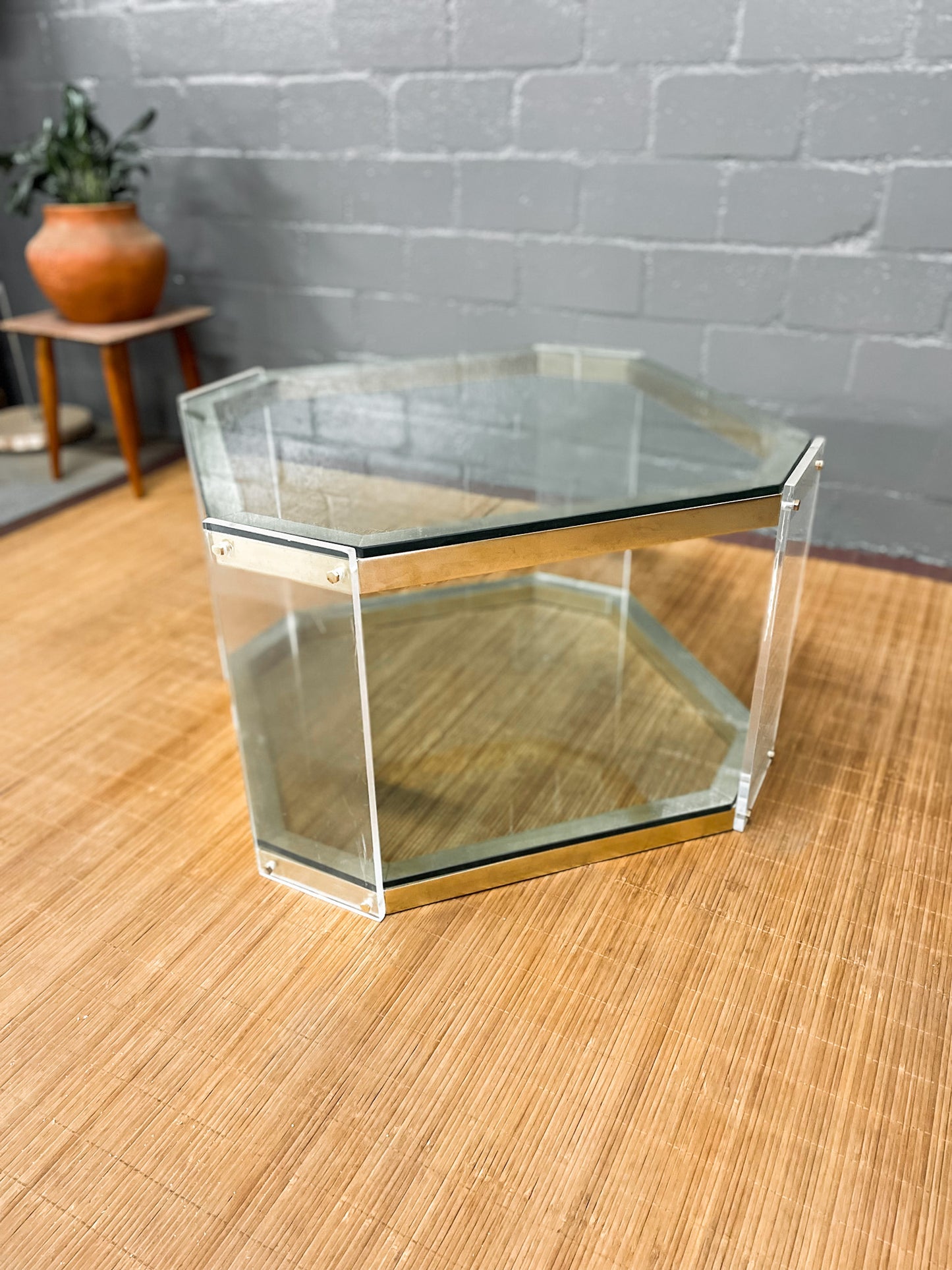 Vintage Octagon Brass and Perspex Glass Coffee Table