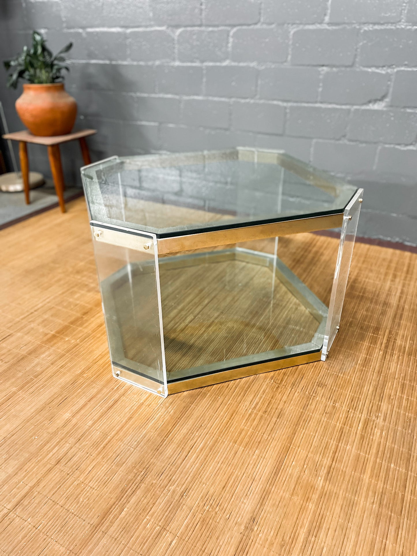 Vintage Octagon Brass and Perspex Glass Coffee Table