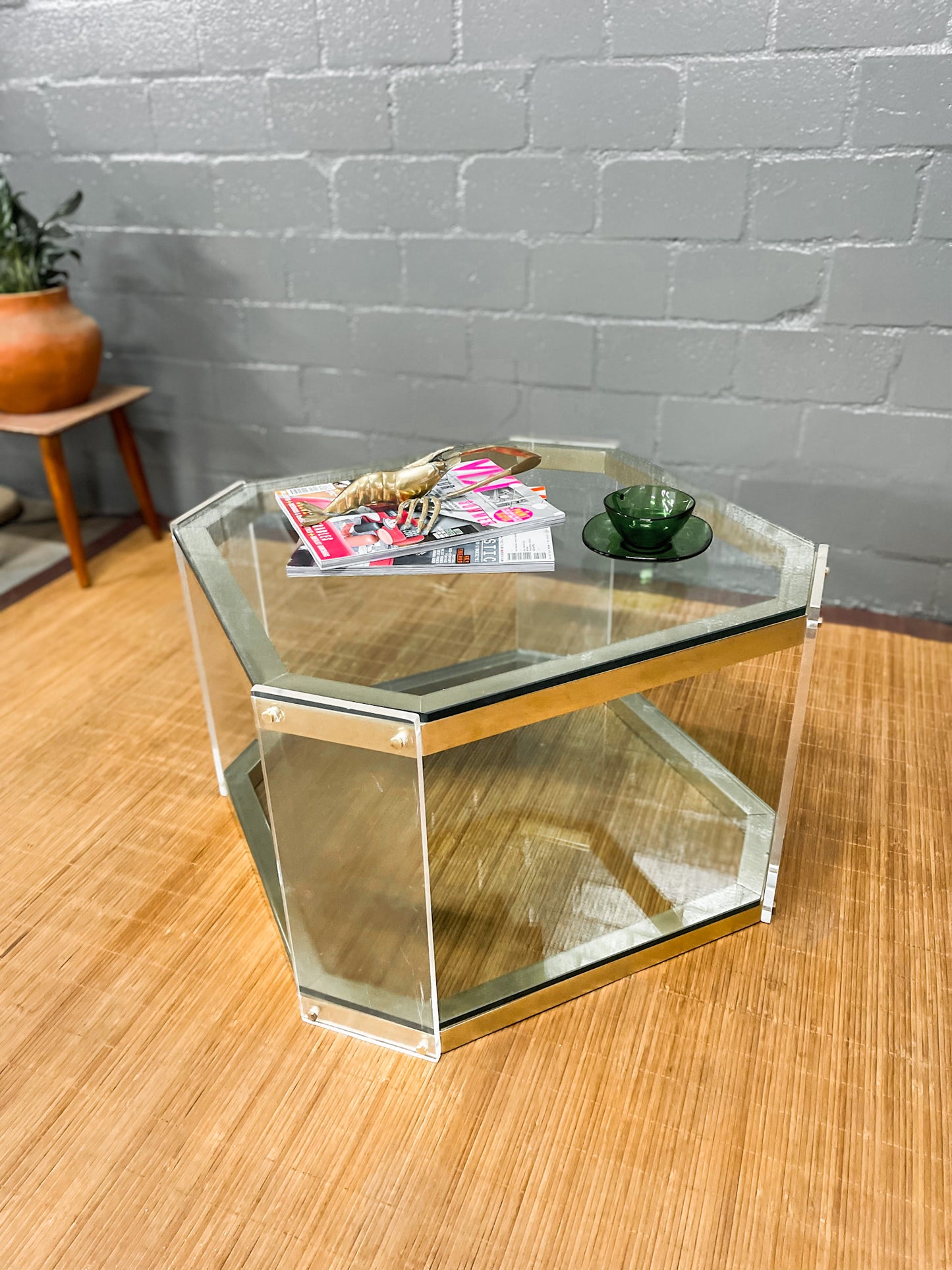 Vintage Octagon Brass and Perspex Glass Coffee Table