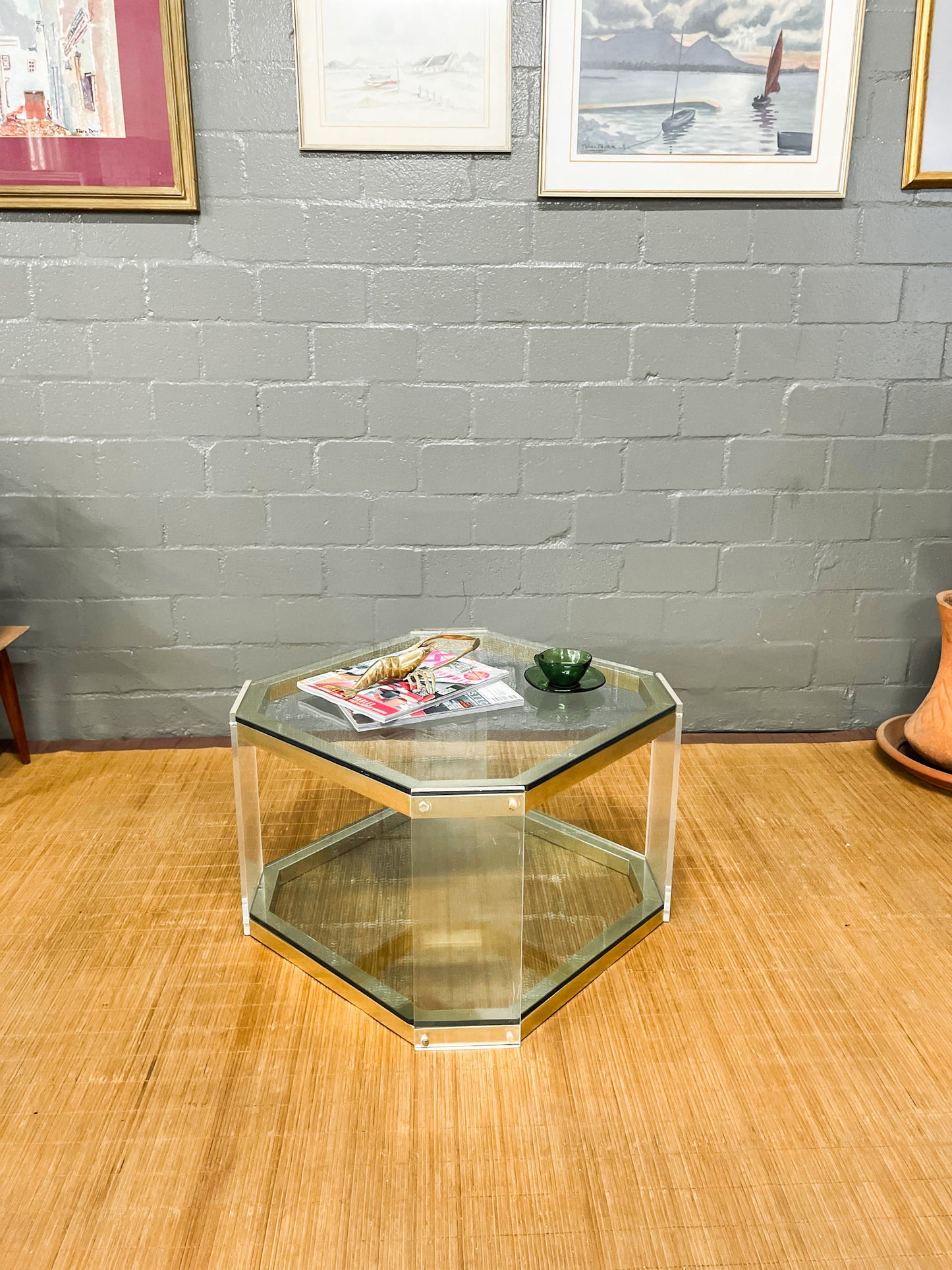 Vintage Octagon Brass and Perspex Glass Coffee Table