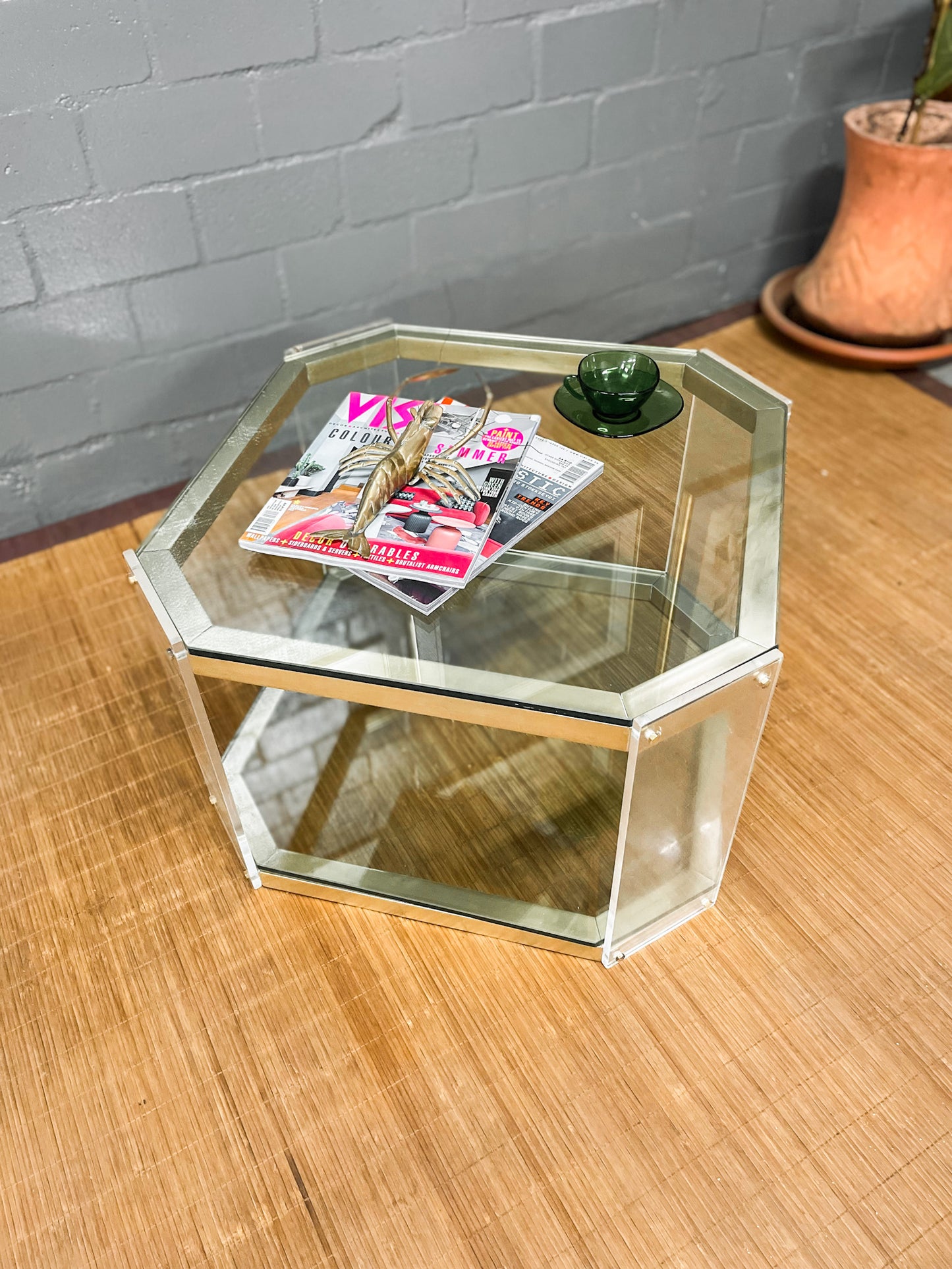 Vintage Octagon Brass and Perspex Glass Coffee Table
