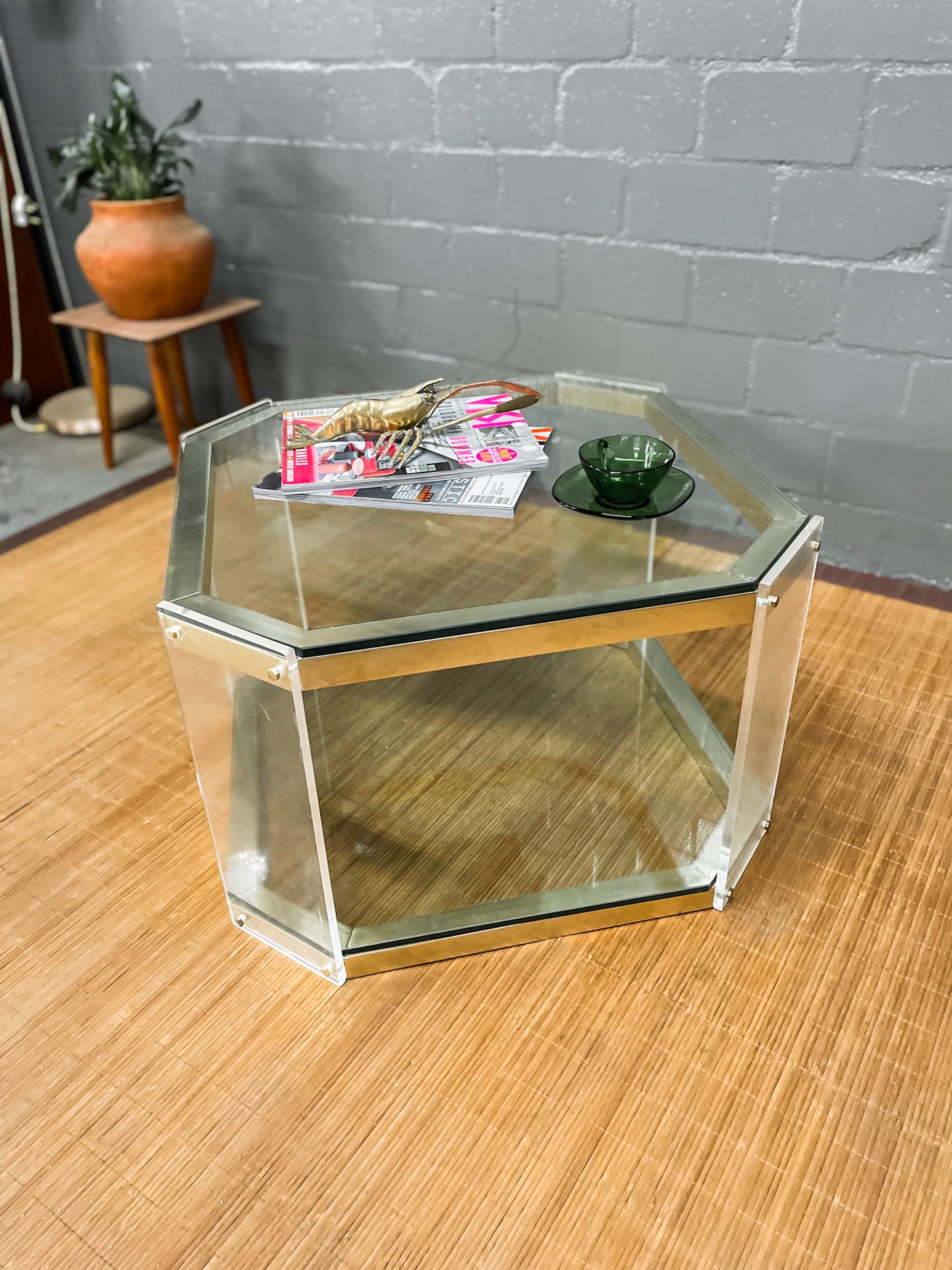 Vintage Octagon Brass and Perspex Glass Coffee Table