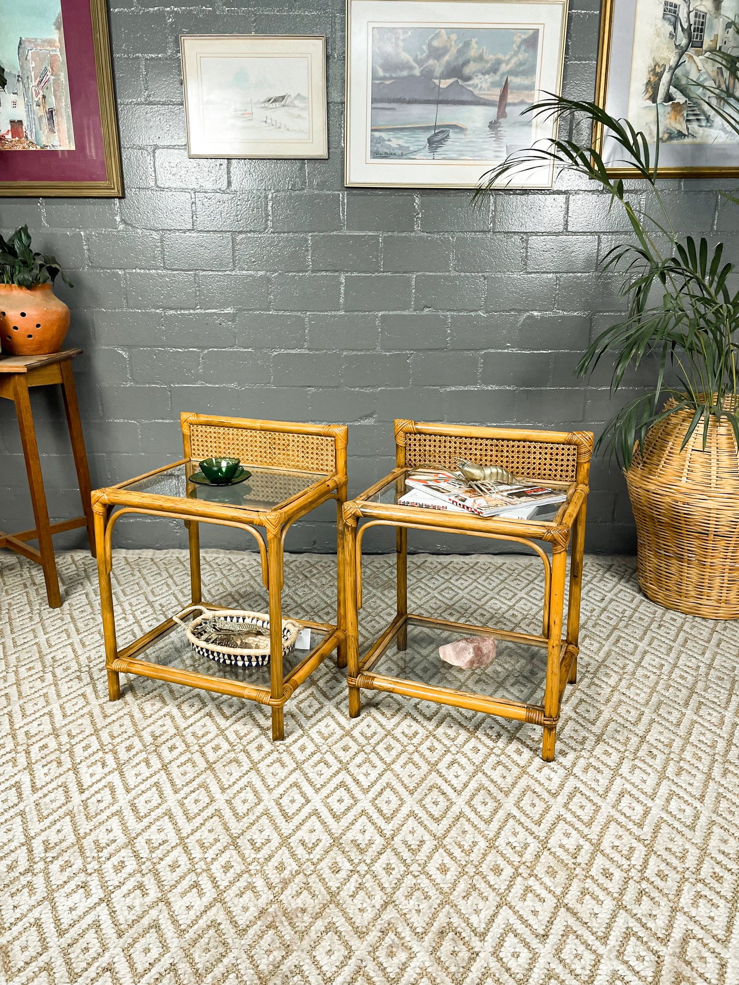 Elegant Boho Cane and Glass Pedestals