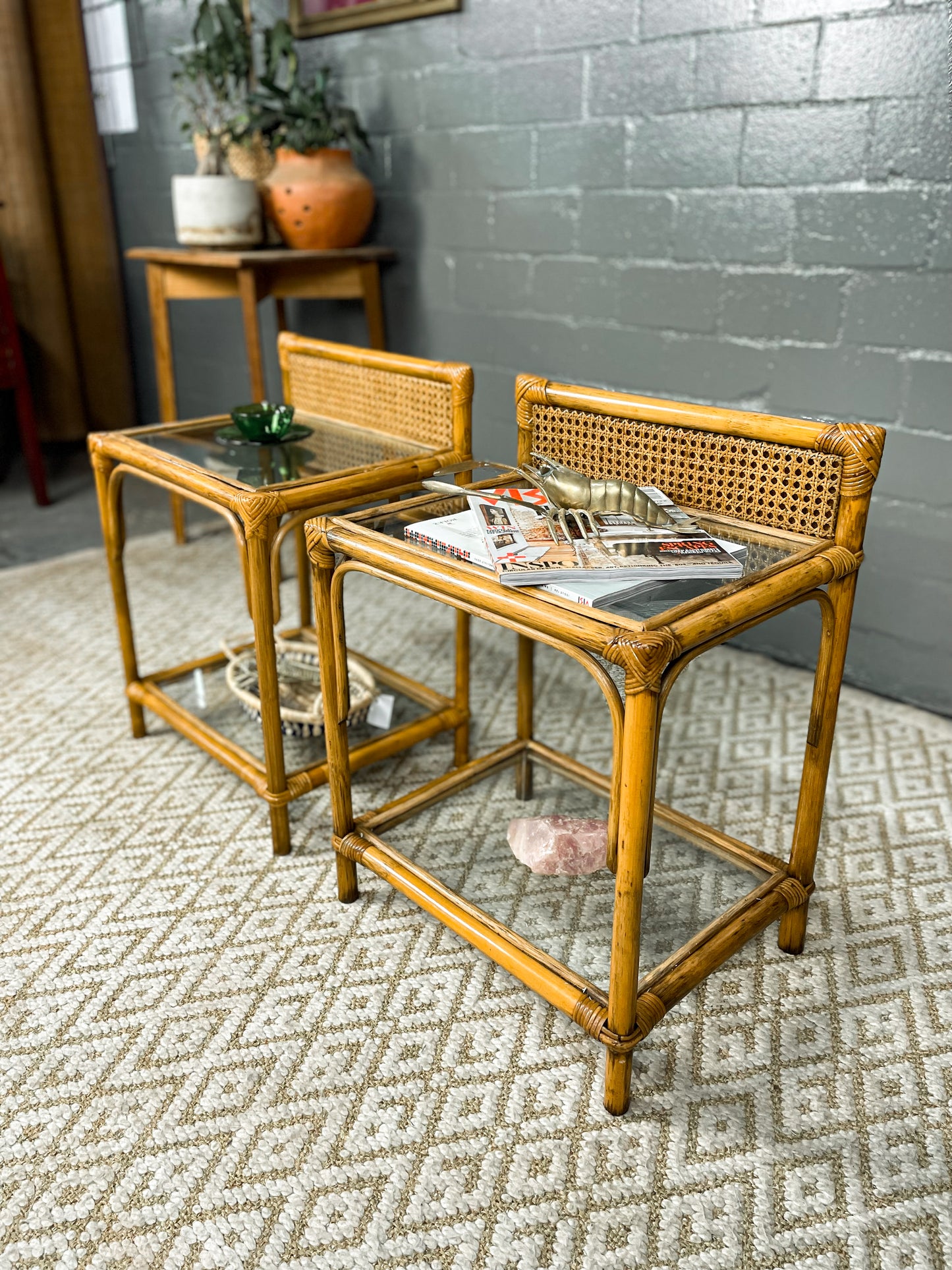 Elegant Boho Cane and Glass Pedestals