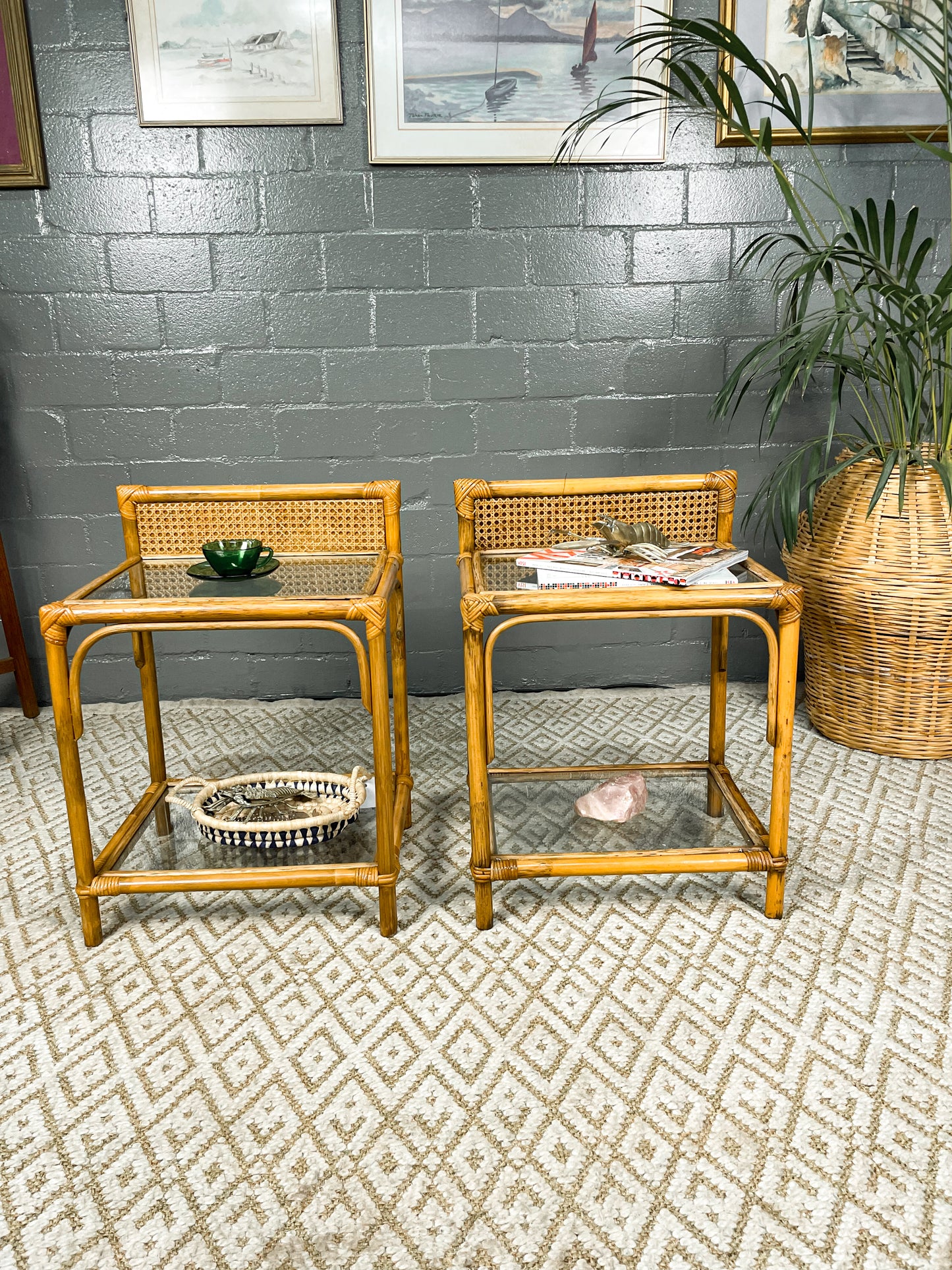 Elegant Boho Cane and Glass Pedestals