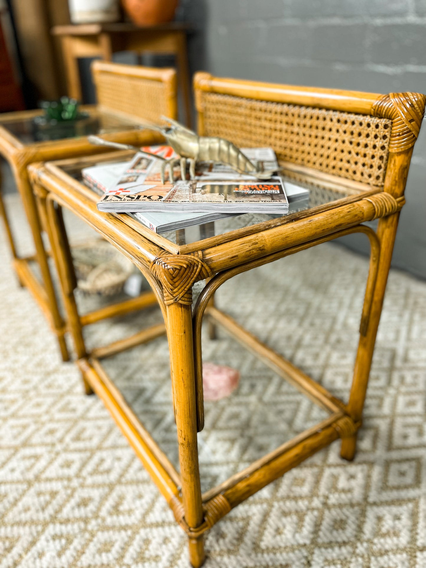 Elegant Boho Cane and Glass Pedestals