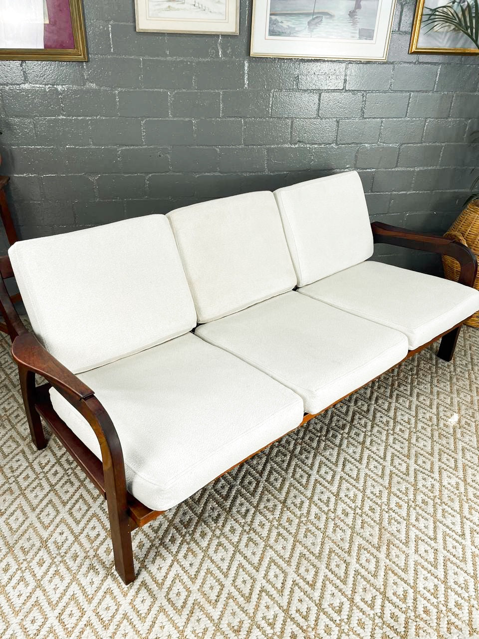 Mid-Century Modern 3 Seater Couch with Boucle Cushions