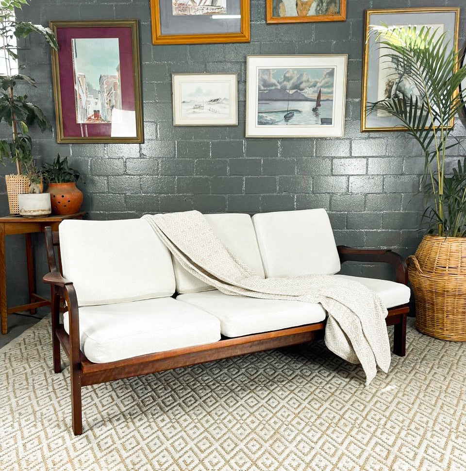 Mid-Century Modern 3 Seater Couch with Boucle Cushions