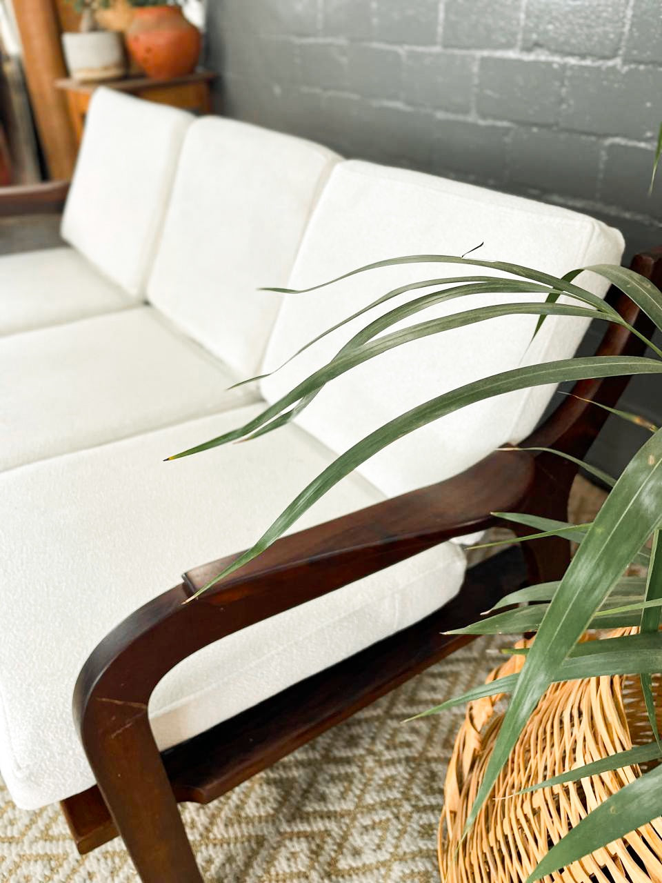 Mid-Century Modern 3 Seater Couch with Boucle Cushions