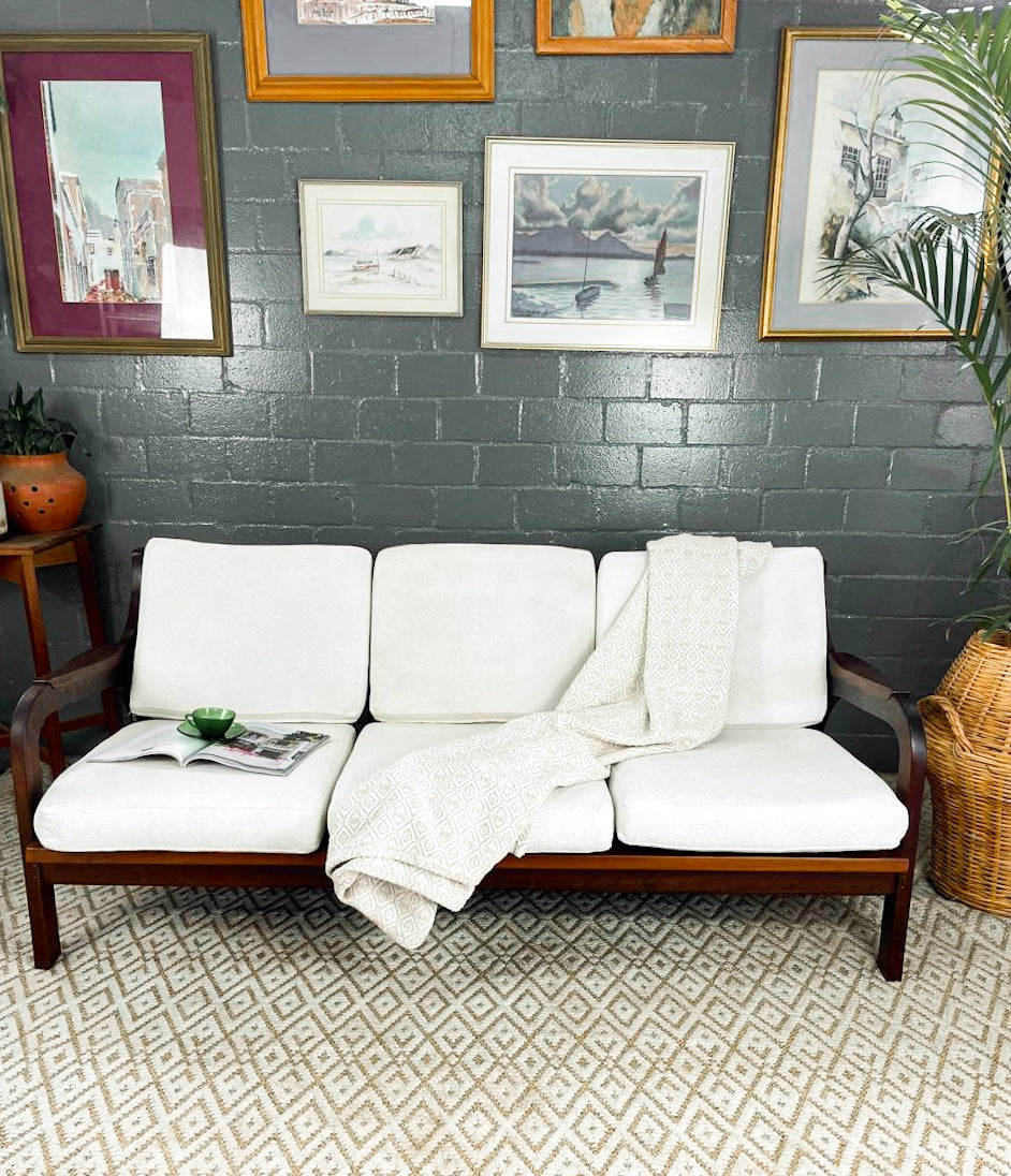 Mid-Century Modern 3 Seater Couch with Boucle Cushions